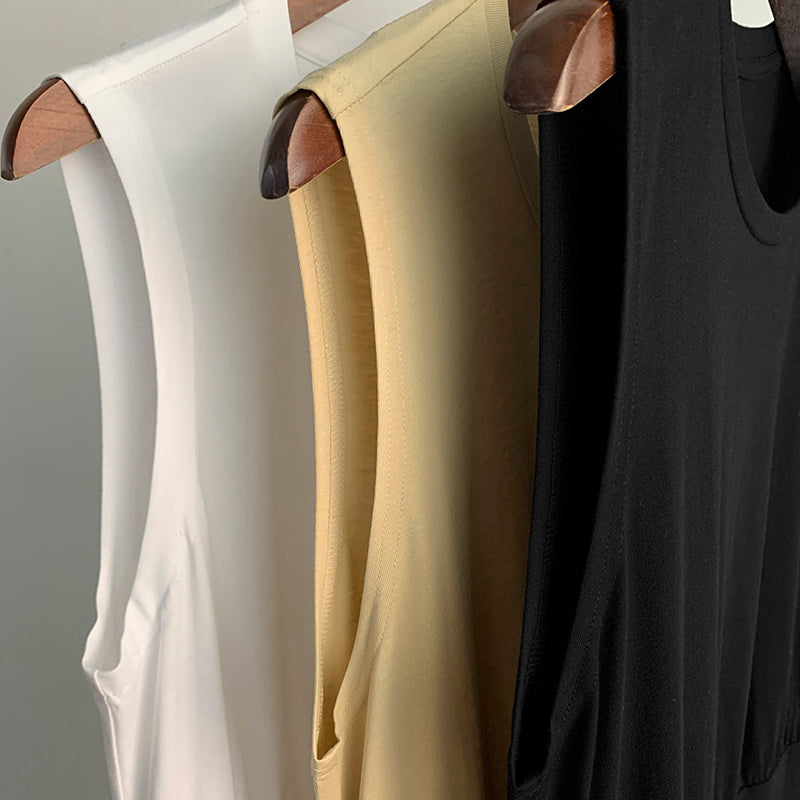 Toteme sleeveless cotton maxi dress white crew neck slit pockets ruched detailing high waist 2503086TT