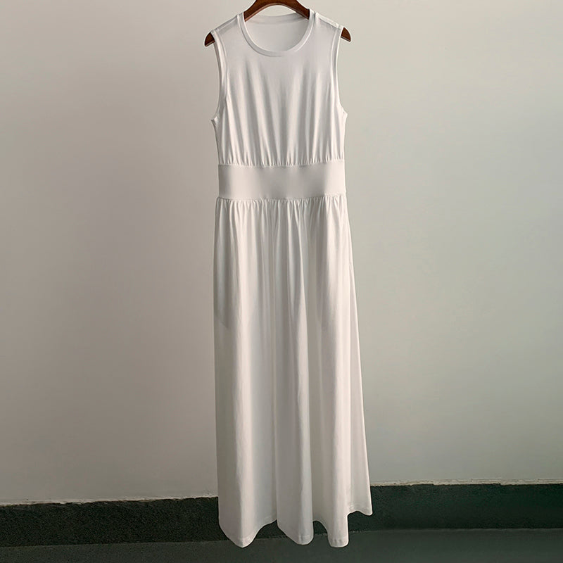 Toteme sleeveless cotton maxi dress white crew neck slit pockets ruched detailing high waist 2503086TT