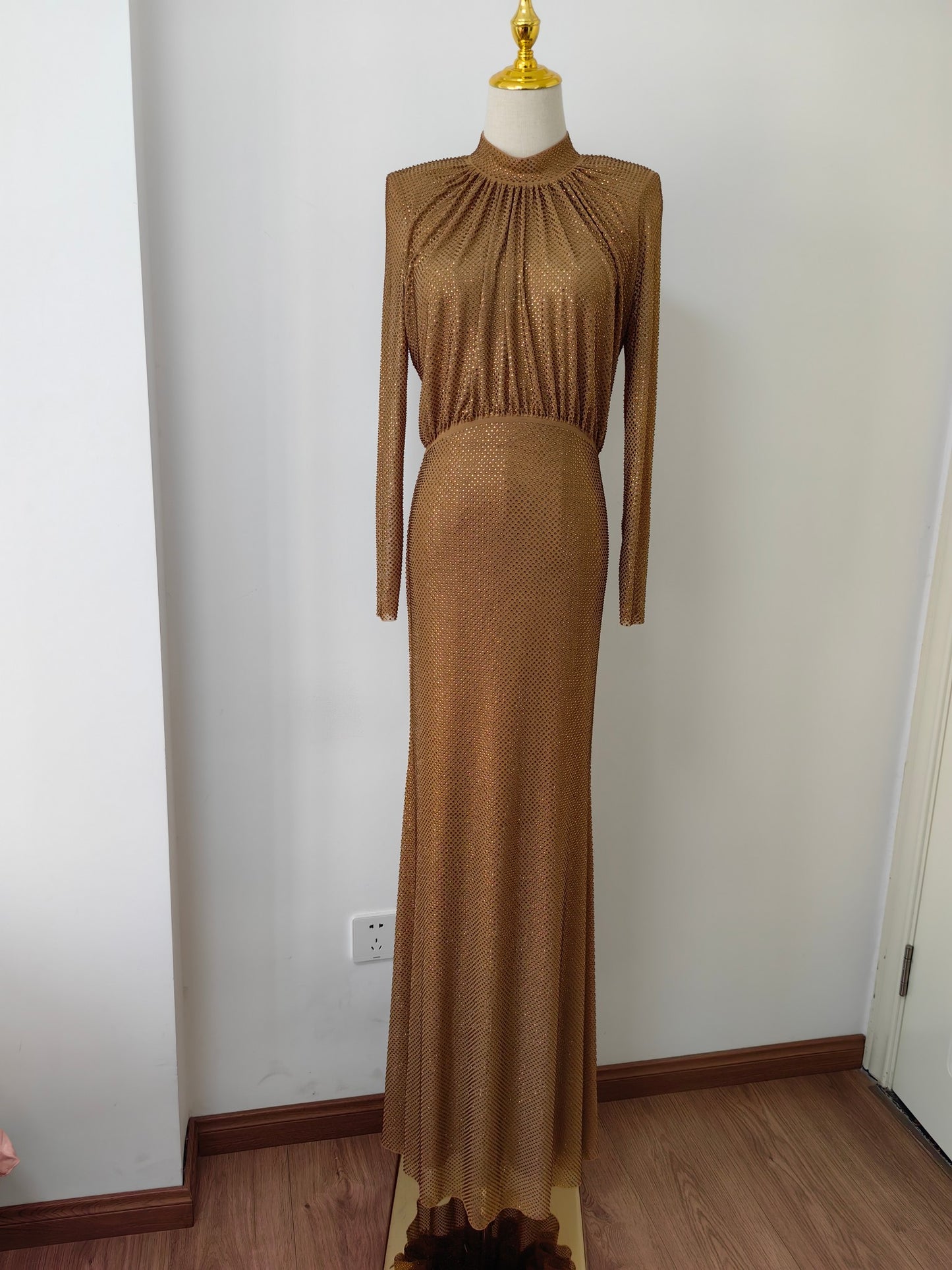 Self-Portrait rhinestone-embellished maxi dress light brown long sleeve high waist fishtail 2503037SP