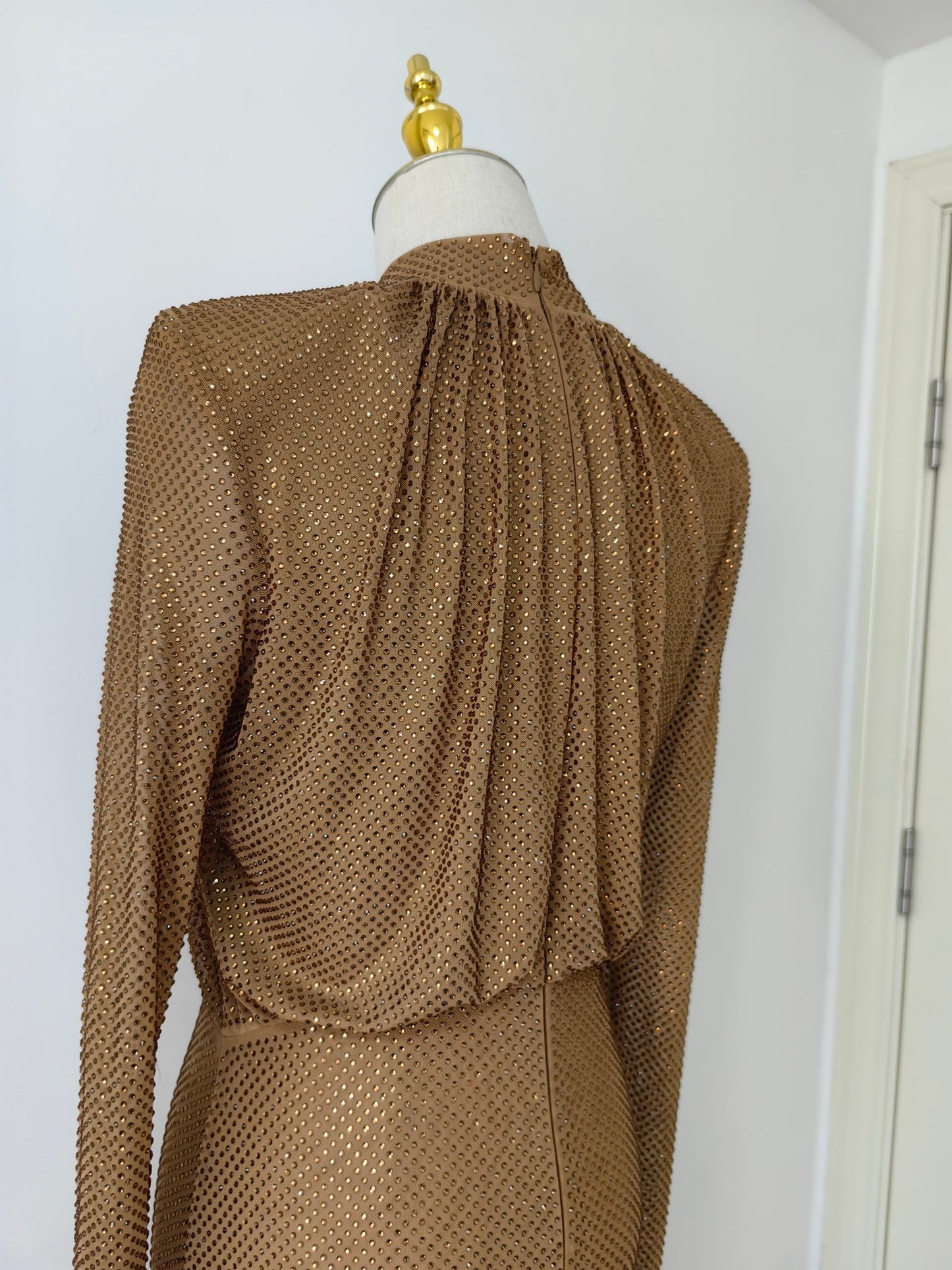 Self-Portrait rhinestone-embellished maxi dress light brown long sleeve high waist fishtail 2503037SP