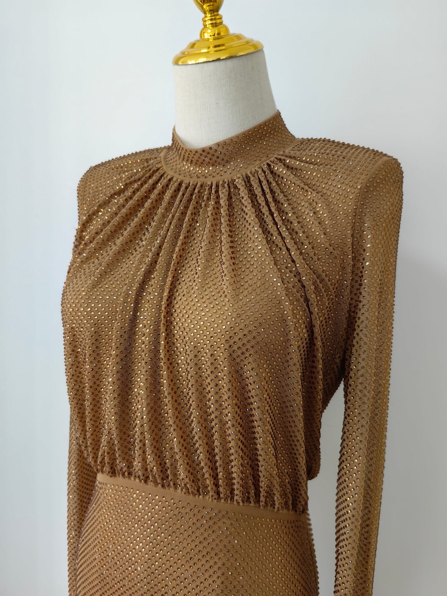Self-Portrait rhinestone-embellished maxi dress light brown long sleeve high waist fishtail 2503037SP