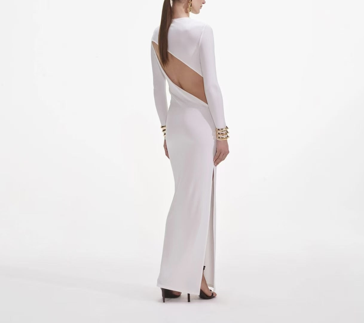 Self-Portrait White Maxi Dress Cut-Back Viscose Gown Dress Long Sleeve Slim Fit 2503047SP