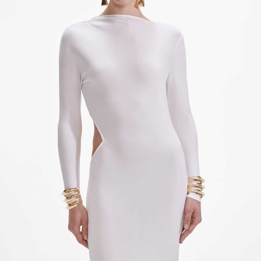 Self-Portrait White Maxi Dress Cut-Back Viscose Gown Dress Long Sleeve Slim Fit 2503047SP