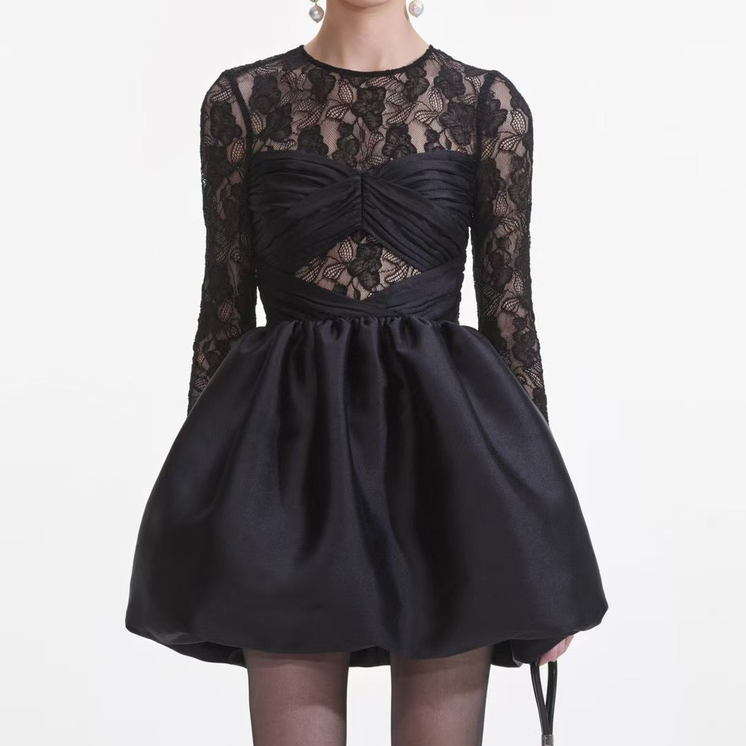 Self-Portrait Mini Dress Black Flower Lace Long Sleeve See-through Puff skirt High Waist 2503045SP