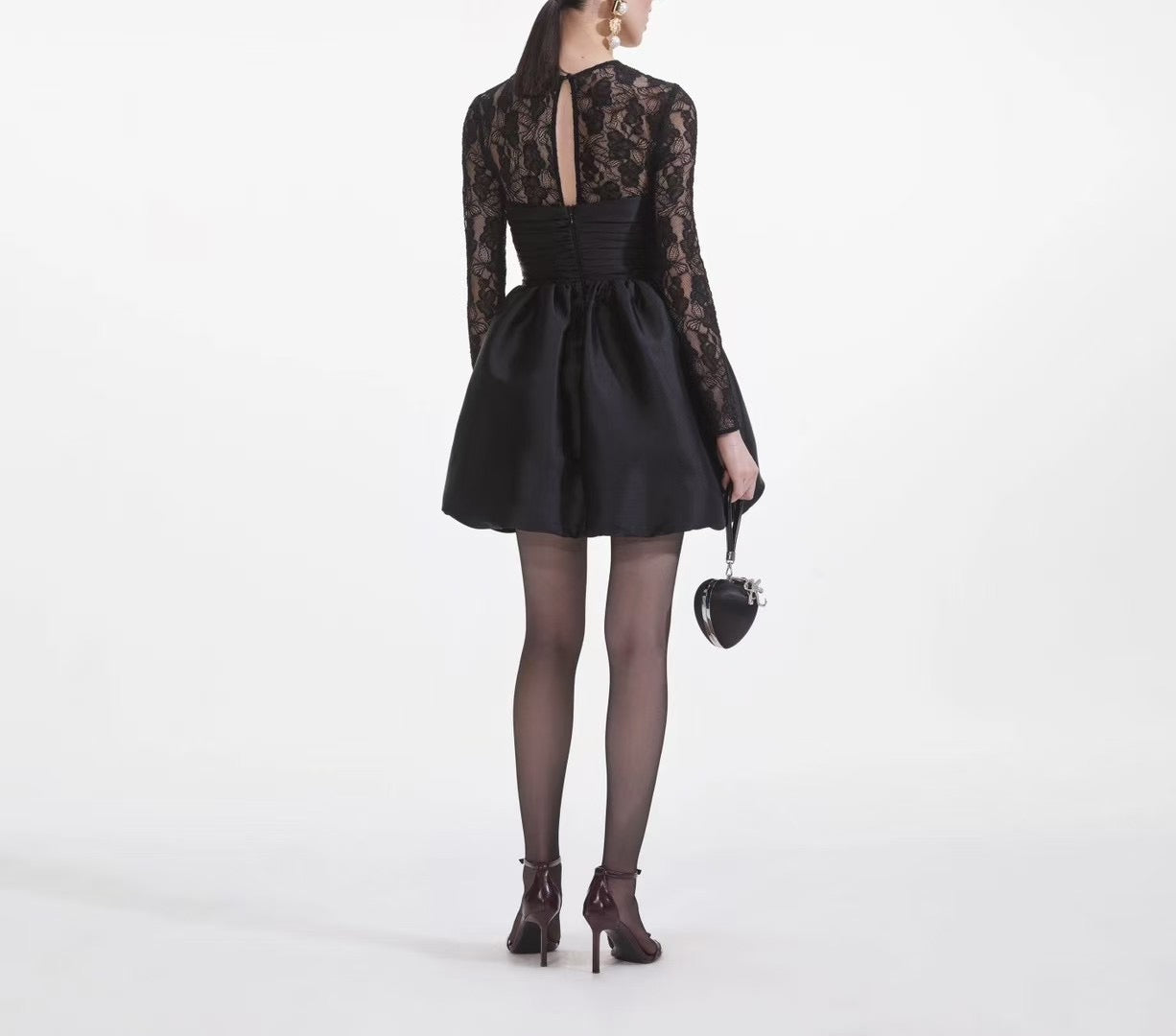 Self-Portrait Mini Dress Black Flower Lace Long Sleeve See-through Puff skirt High Waist 2503045SP