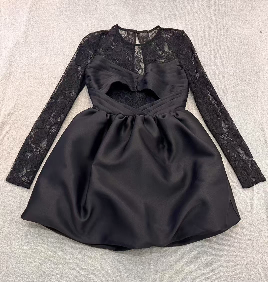 Self-Portrait Mini Dress Black Flower Lace Long Sleeve See-through Puff skirt High Waist 2503045SP