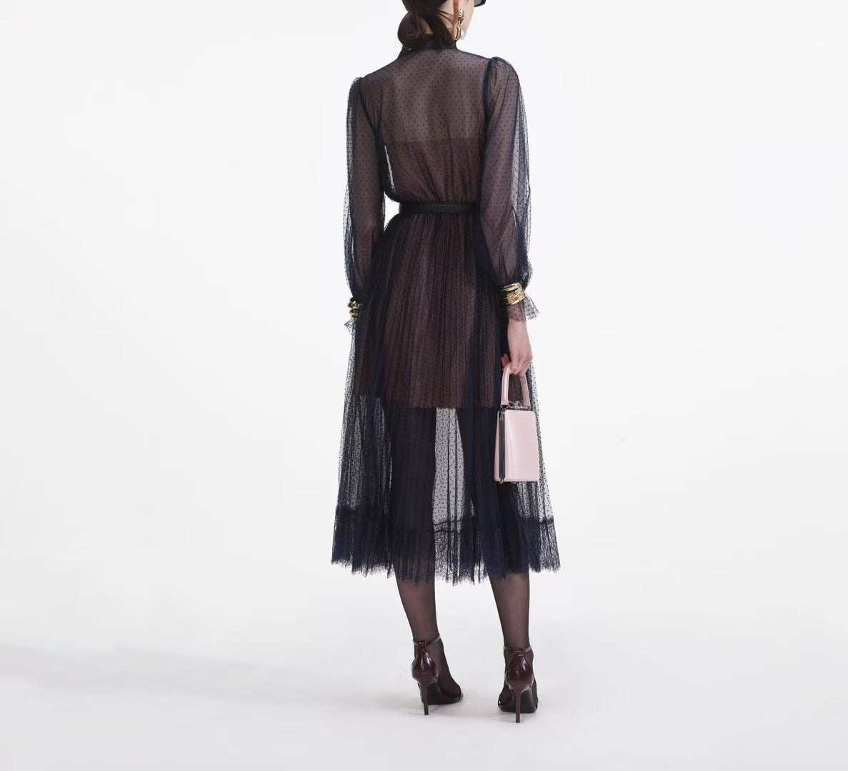 Self-Portrait Midi Dress Dark Blue Dot Ruffles Long Sleeve See-through Belted High Waist 2503051SP