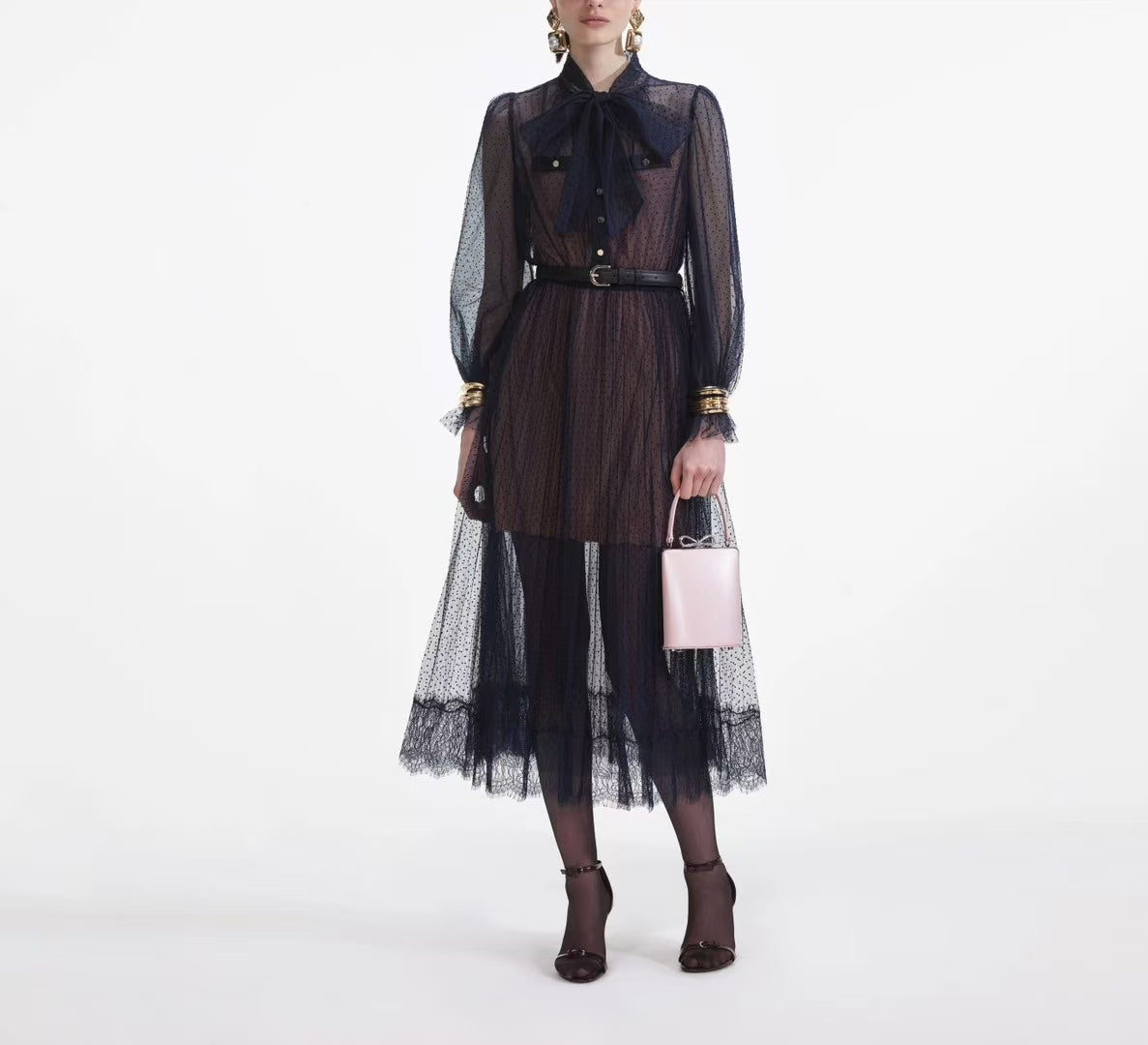 Self-Portrait Midi Dress Dark Blue Dot Ruffles Long Sleeve See-through Belted High Waist 2503051SP