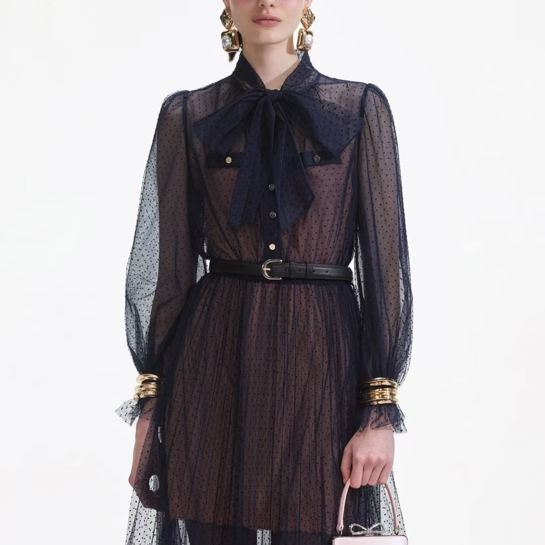 Self-Portrait Midi Dress Dark Blue Dot Ruffles Long Sleeve See-through Belted High Waist 2503051SP
