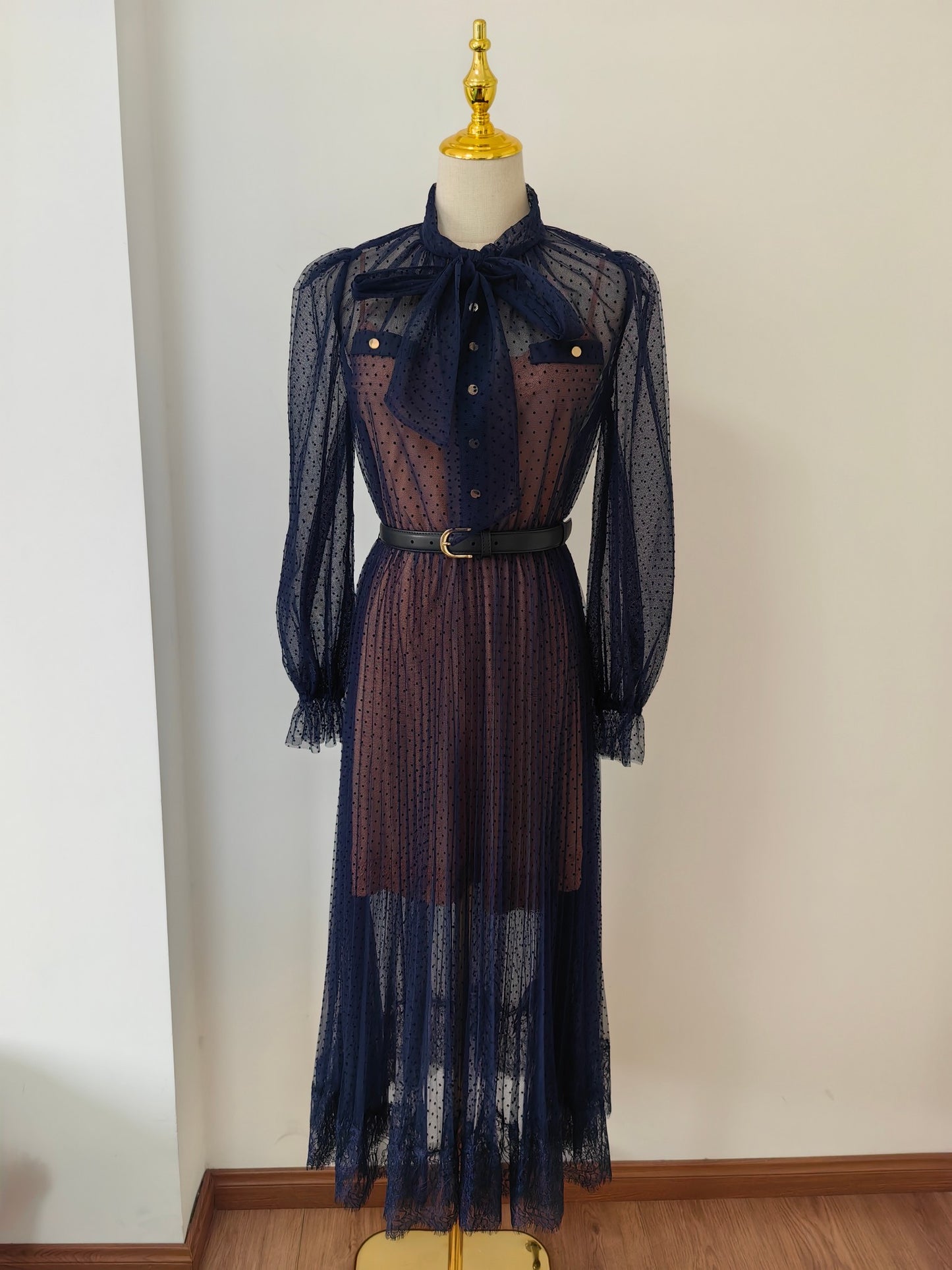 Self-Portrait Midi Dress Dark Blue Dot Ruffles Long Sleeve See-through Belted High Waist 2503051SP