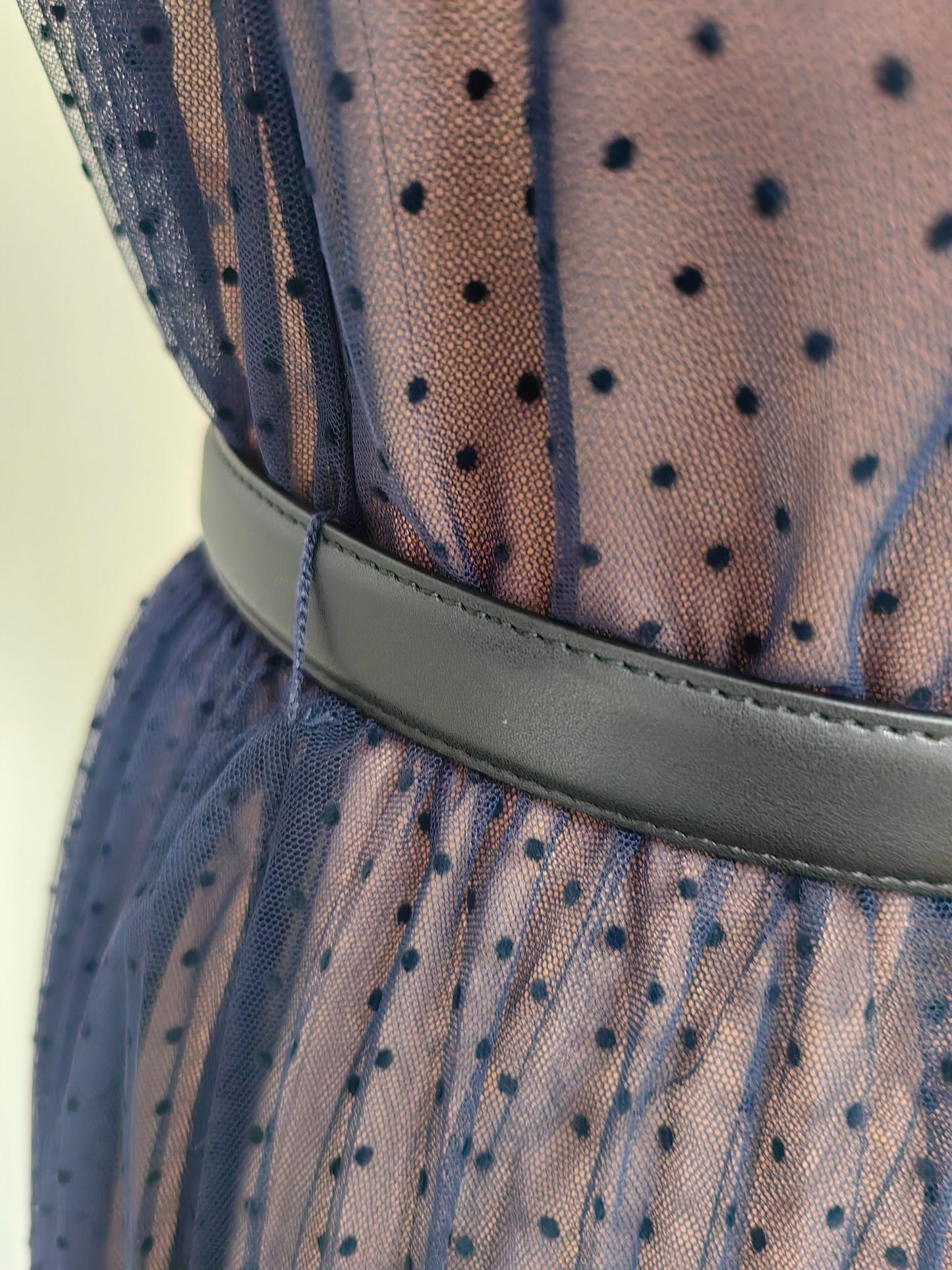 Self-Portrait Midi Dress Dark Blue Dot Ruffles Long Sleeve See-through Belted High Waist 2503051SP