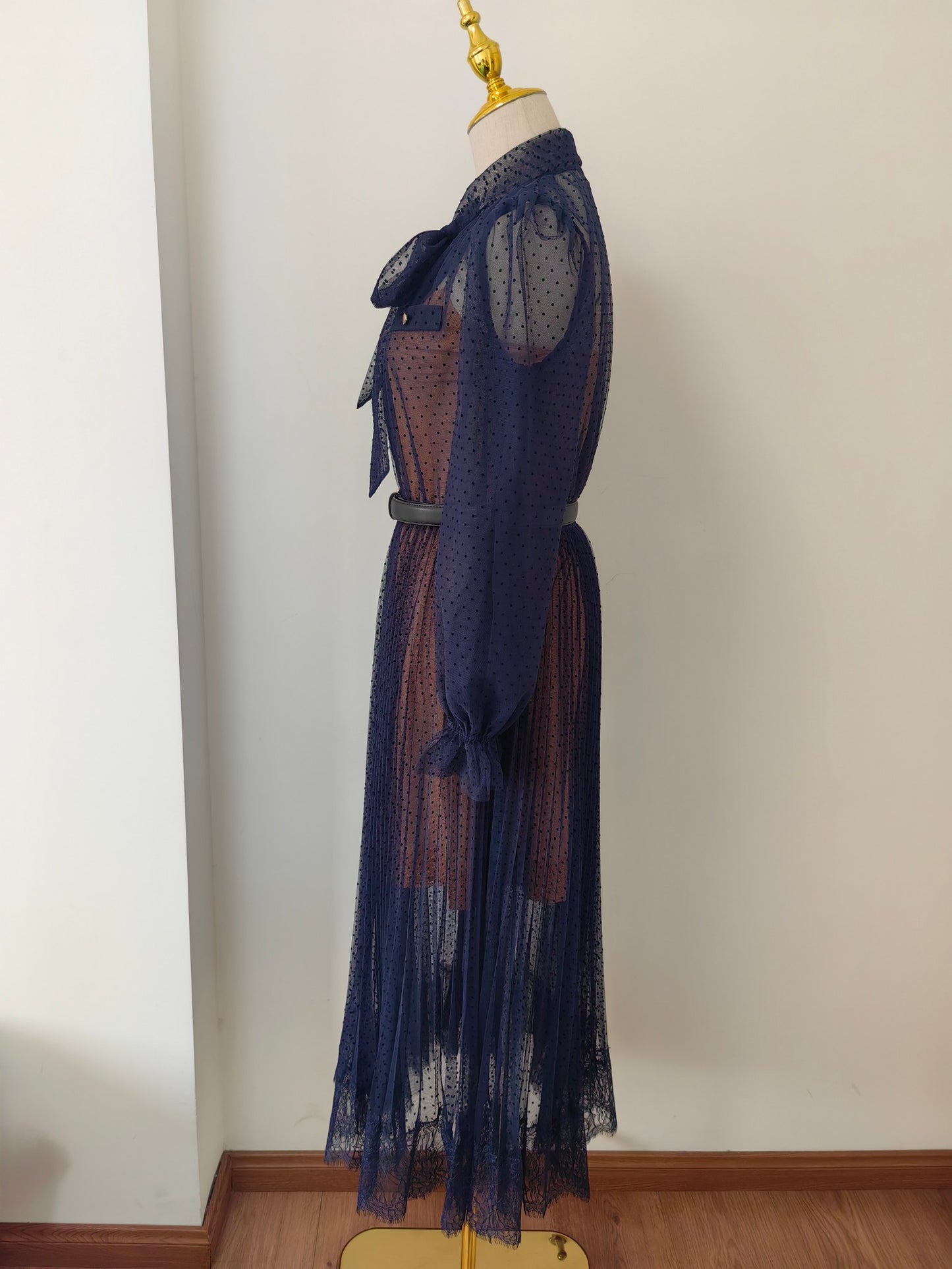 Self-Portrait Midi Dress Dark Blue Dot Ruffles Long Sleeve See-through Belted High Waist 2503051SP