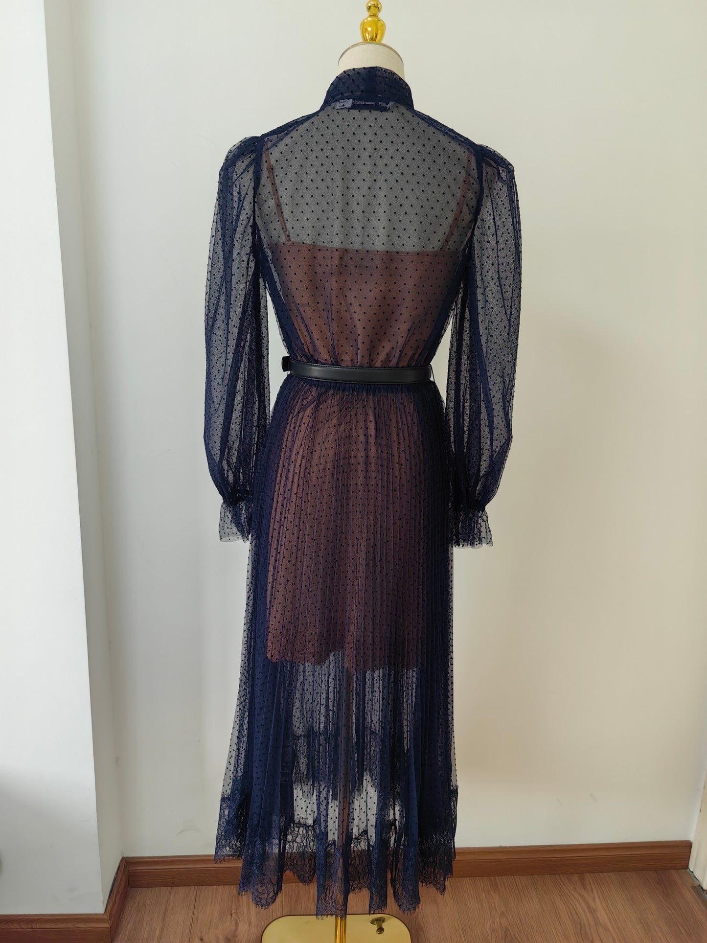 Self-Portrait Midi Dress Dark Blue Dot Ruffles Long Sleeve See-through Belted High Waist 2503051SP