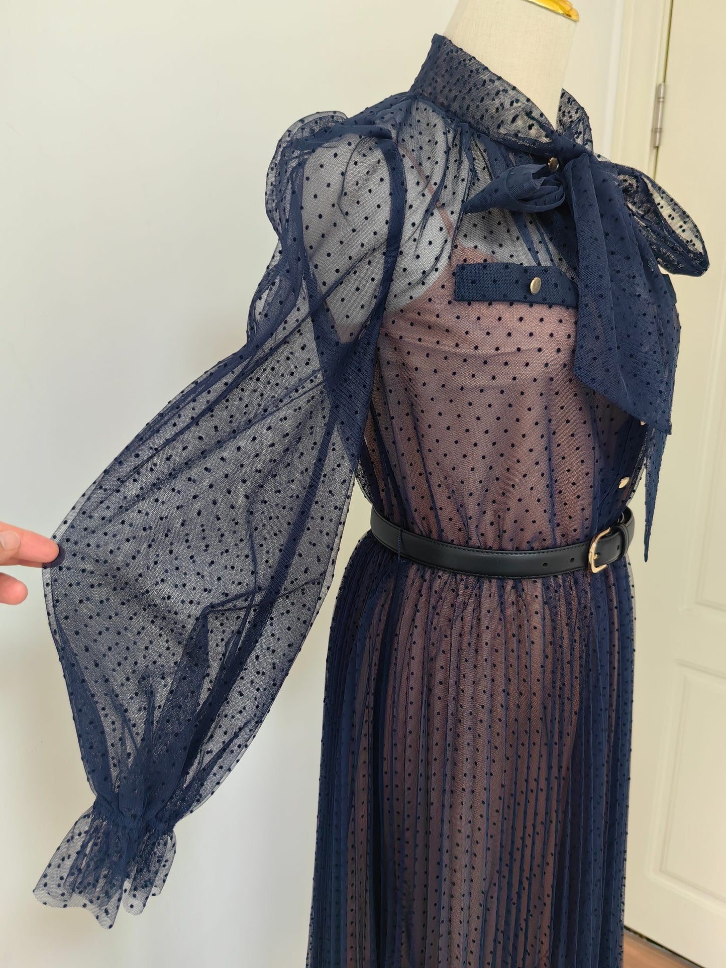 Self-Portrait Midi Dress Dark Blue Dot Ruffles Long Sleeve See-through Belted High Waist 2503051SP