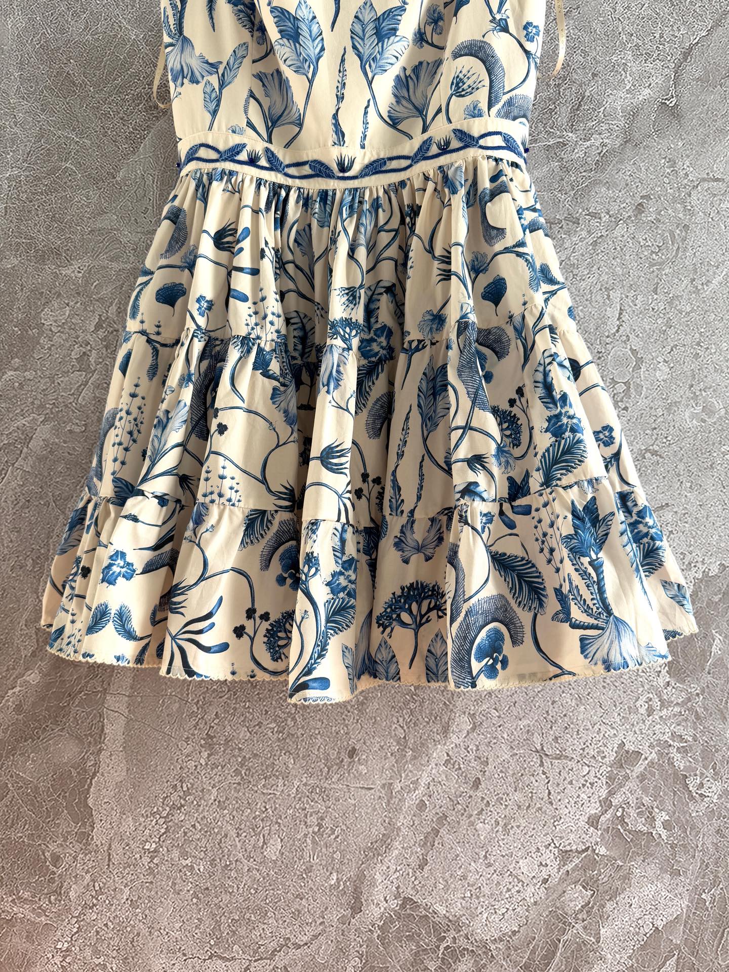Agua Cotton mini dress sleeveless blue print back-zip embroider waist shoulder strape backless 2504112Agu