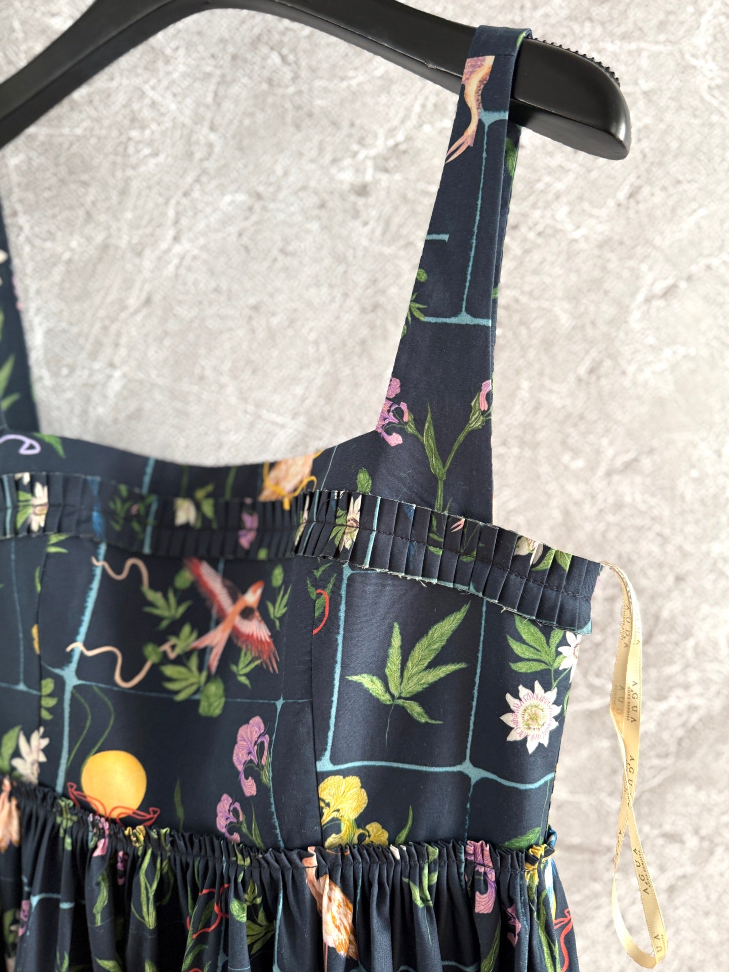 Agua midi dress slash neck black floral print pleated sleevless back-zip wave-edge cotton 2504180AGU