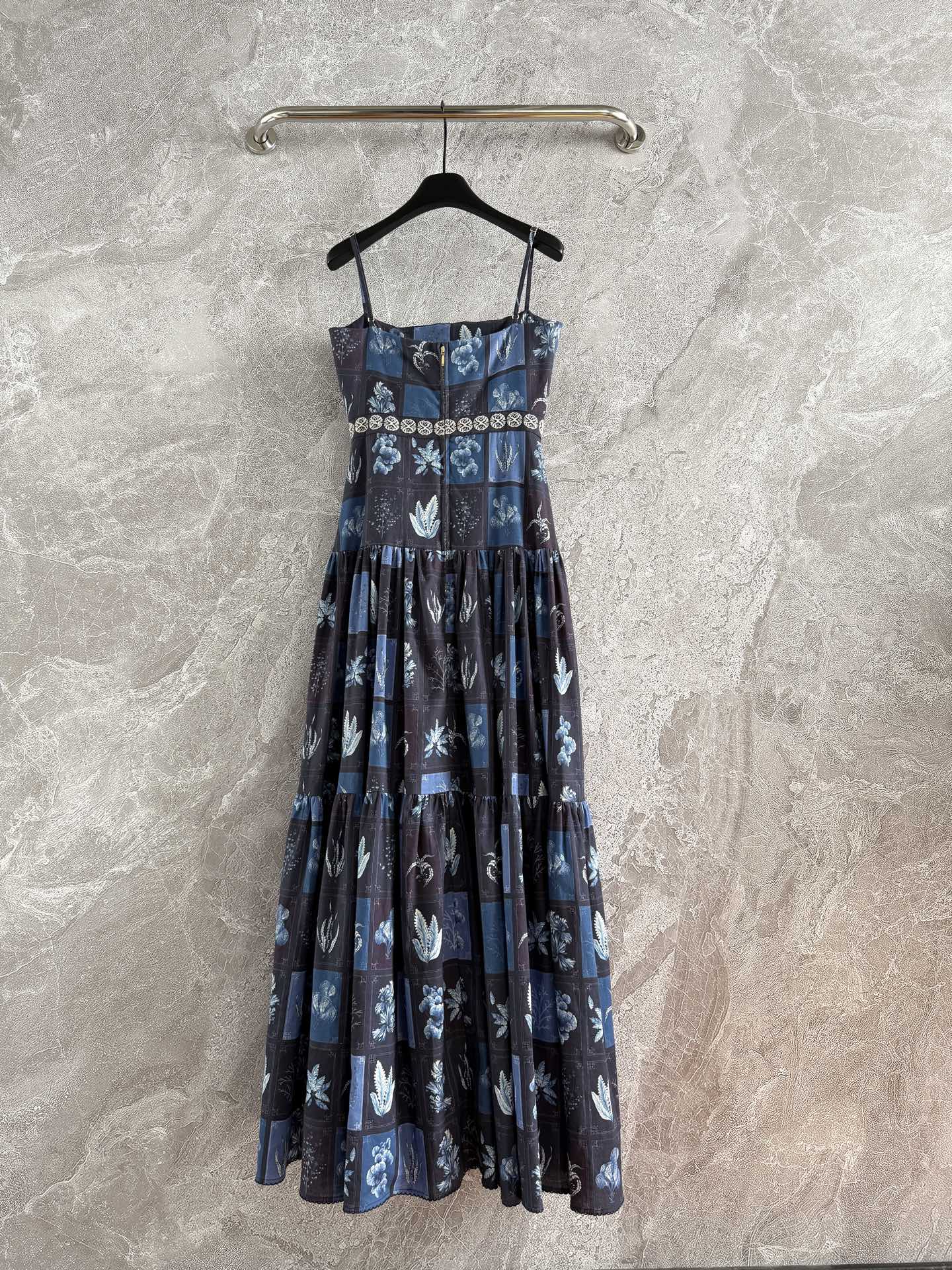 Agua spaghetti strape maxi dress linen navy blue slash neck floral print embroidery waist 2505001AGU