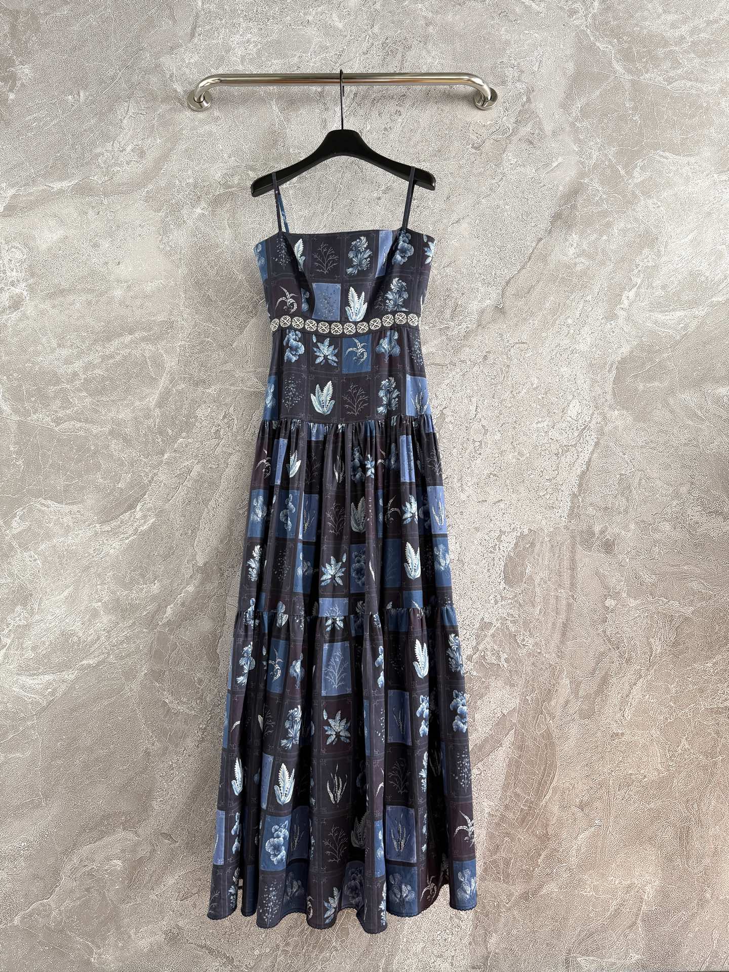 Agua spaghetti strape maxi dress linen navy blue slash neck floral print embroidery waist 2505001AGU