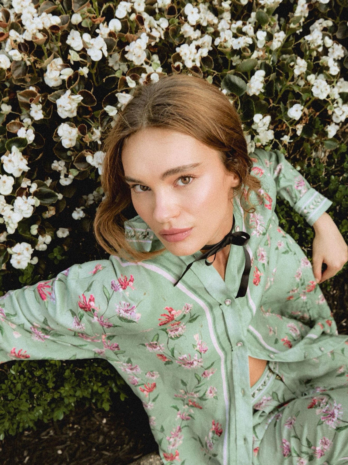 Agua Florecer shirt trousers green embroidery waist side pocket long sleeve loose design 2505003AGU