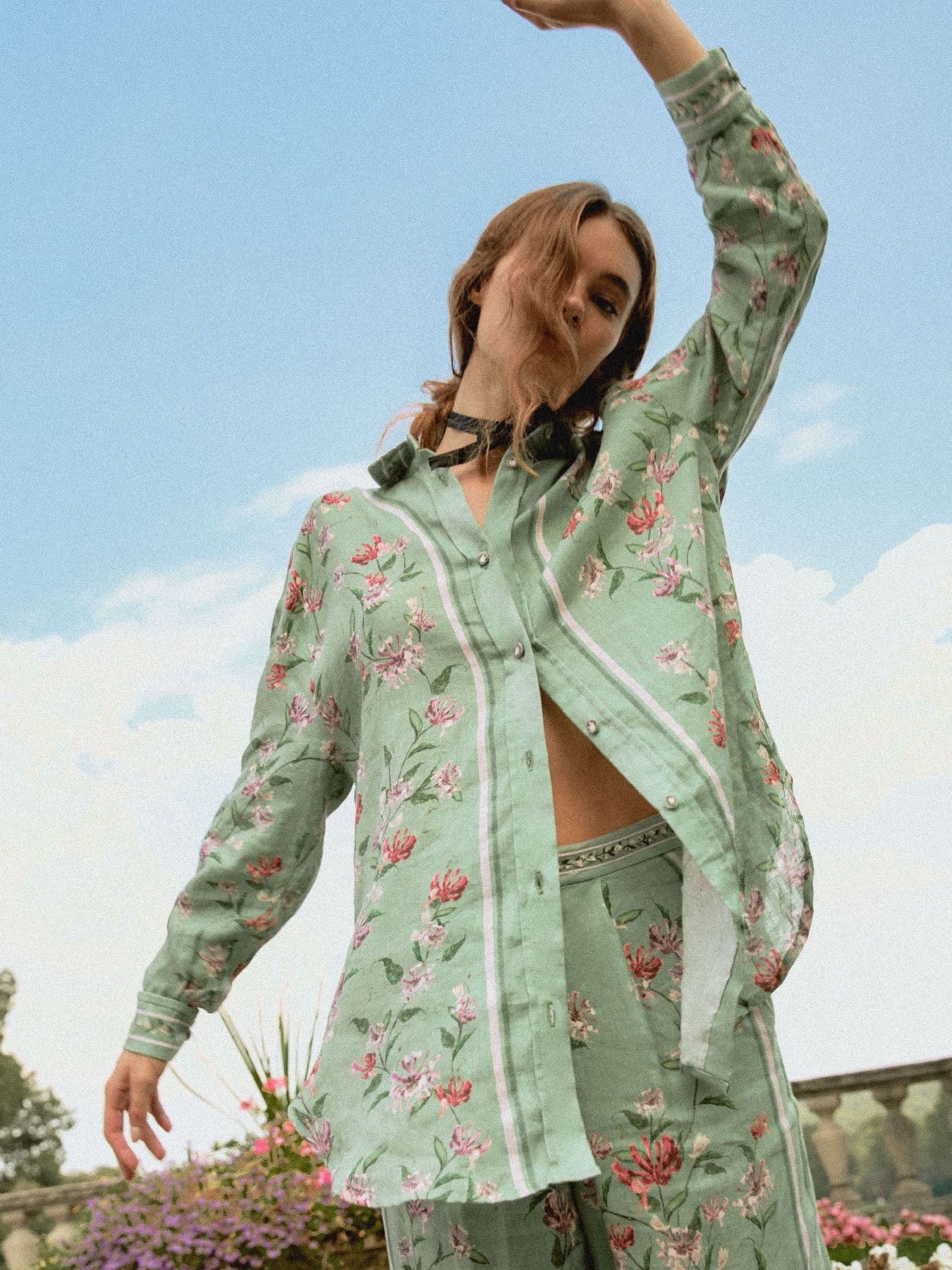 Agua Florecer shirt trousers green embroidery waist side pocket long sleeve loose design 2505003AGU