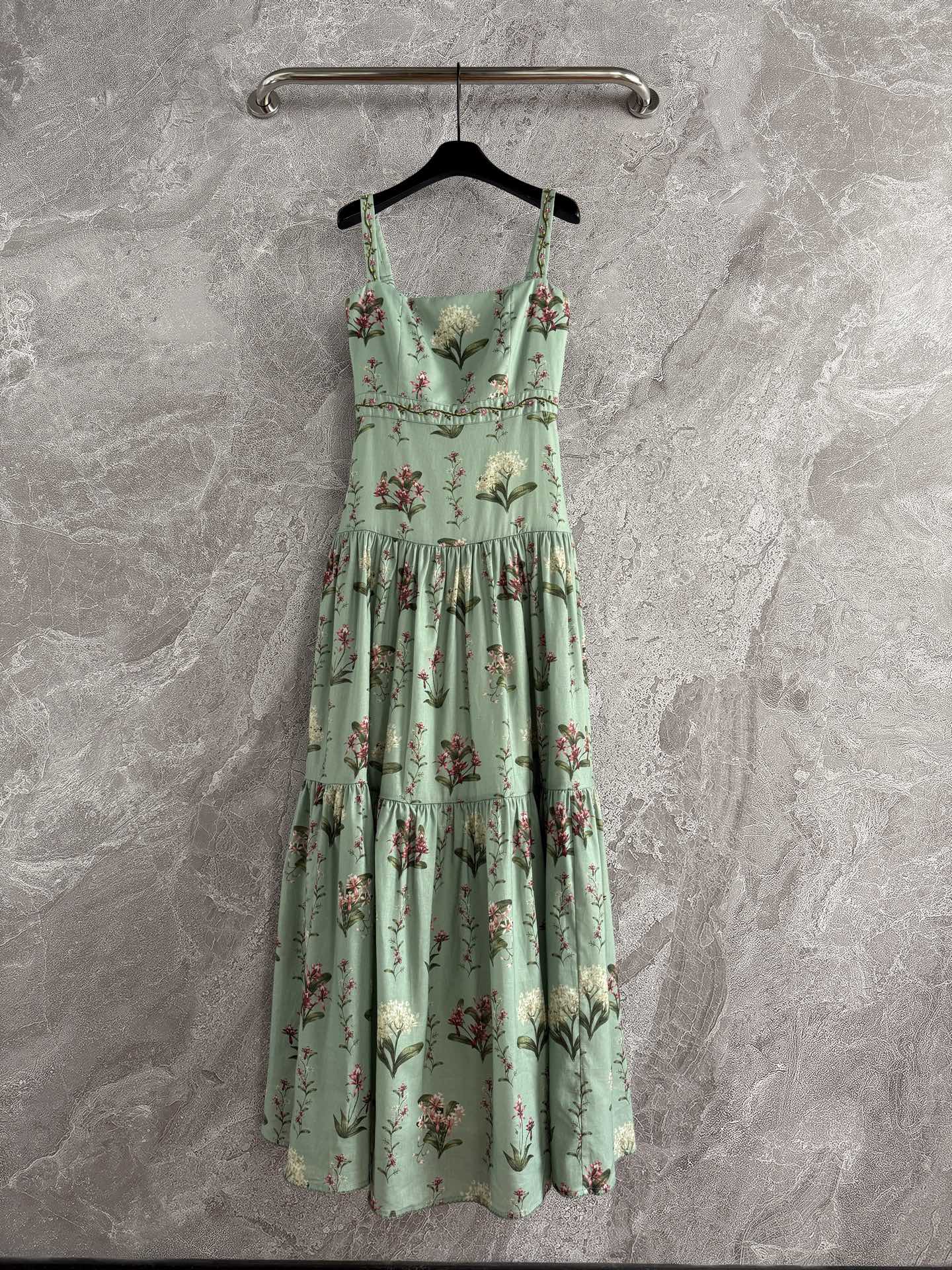 Agua Linen Maxi Dress light green floral print slash neck embroidery waist back-zip 2505002AGU