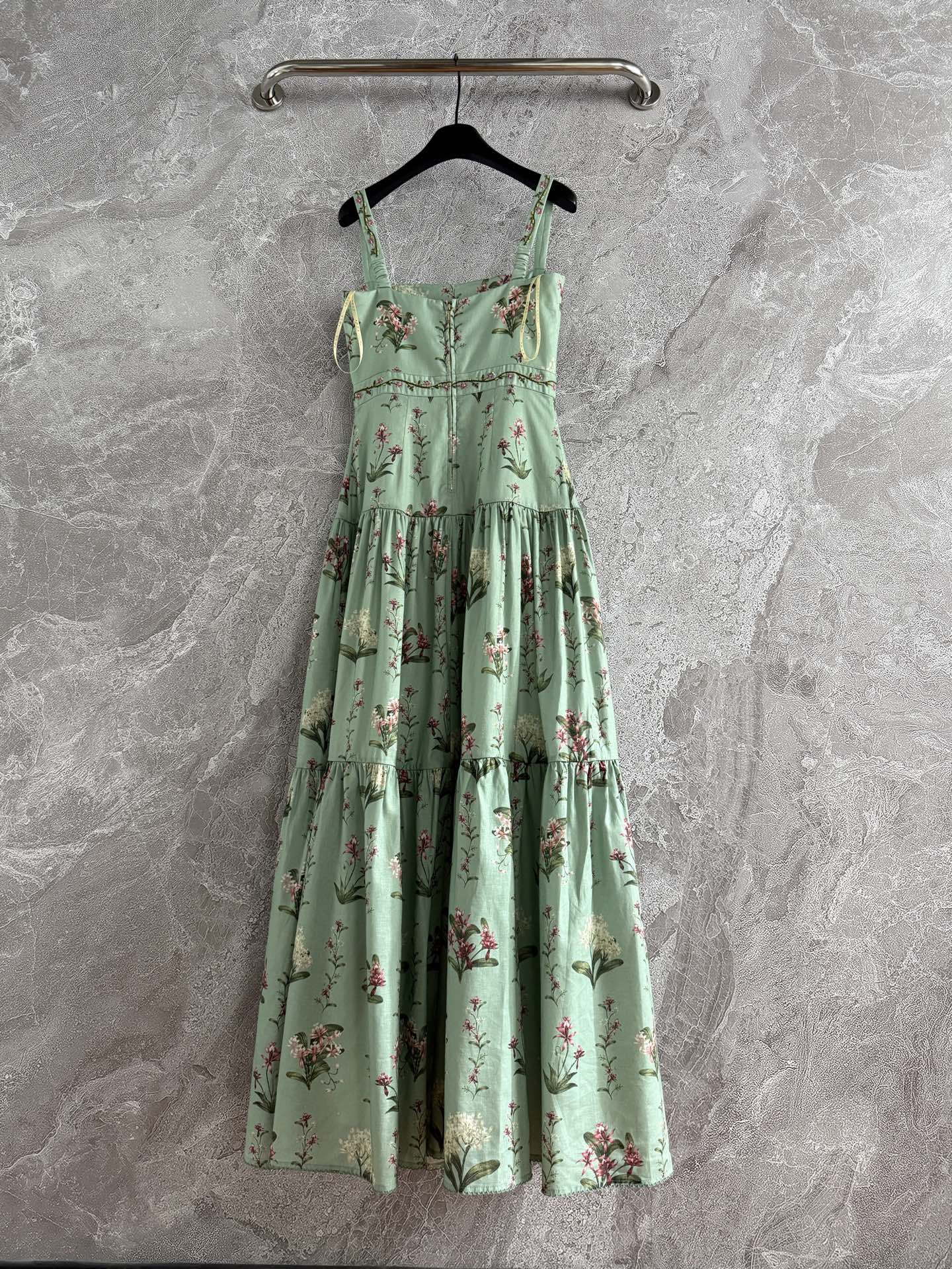 Agua Linen Maxi Dress light green floral print slash neck embroidery waist back-zip 2505002AGU