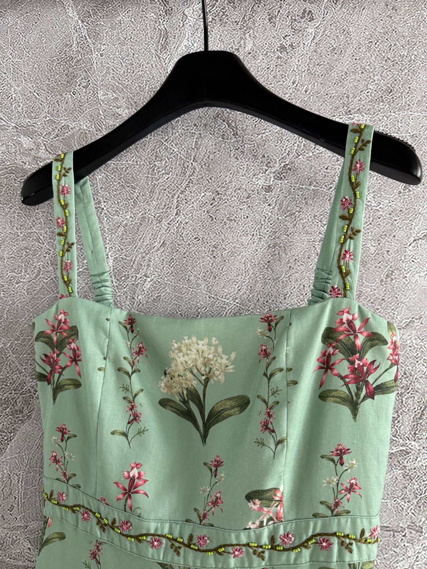 Agua Linen Maxi Dress light green floral print slash neck embroidery waist back-zip 2505002AGU