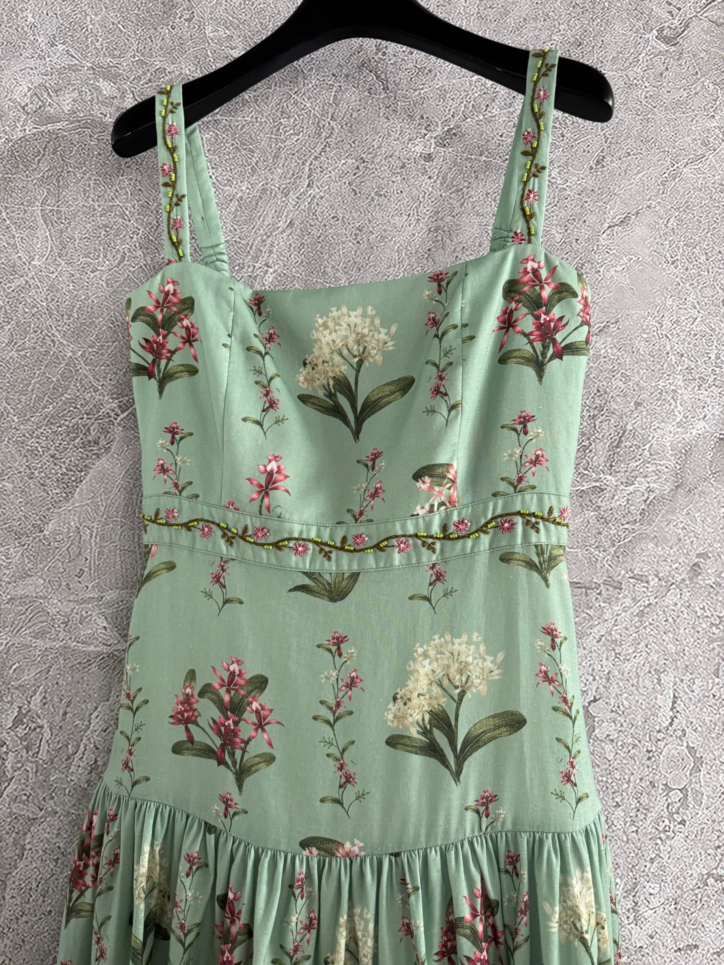 Agua Linen Maxi Dress light green floral print slash neck embroidery waist back-zip 2505002AGU