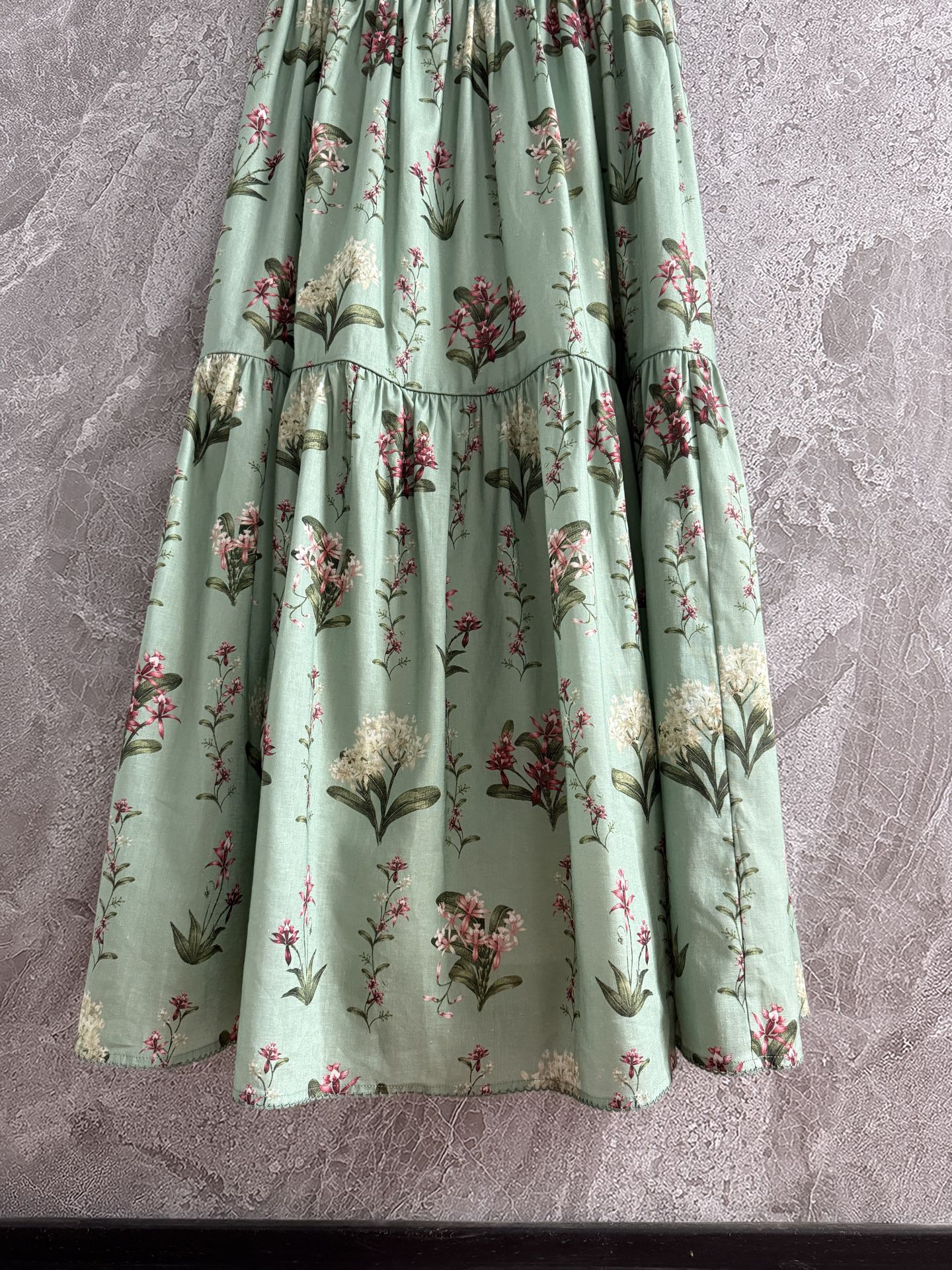 Agua Linen Maxi Dress light green floral print slash neck embroidery waist back-zip 2505002AGU