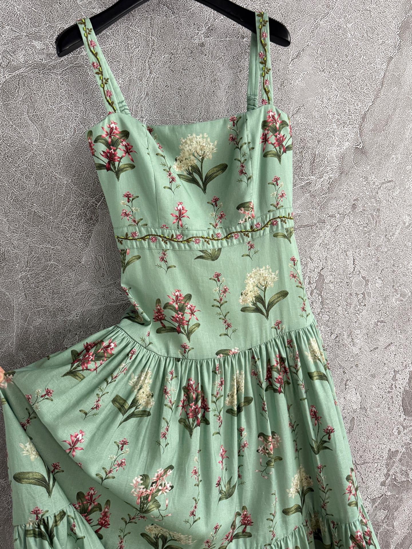 Agua Linen Maxi Dress light green floral print slash neck embroidery waist back-zip 2505002AGU