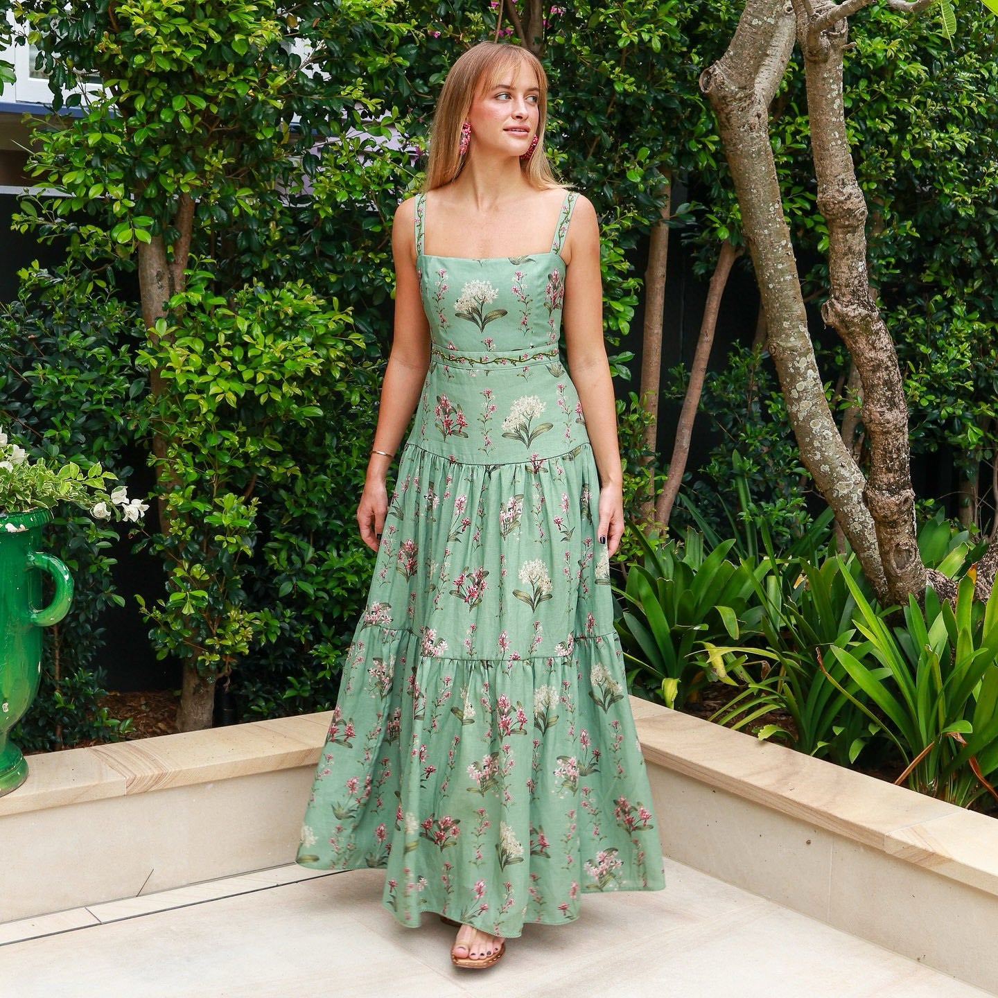 Agua Linen Maxi Dress light green floral print slash neck embroidery waist back-zip 2505002AGU