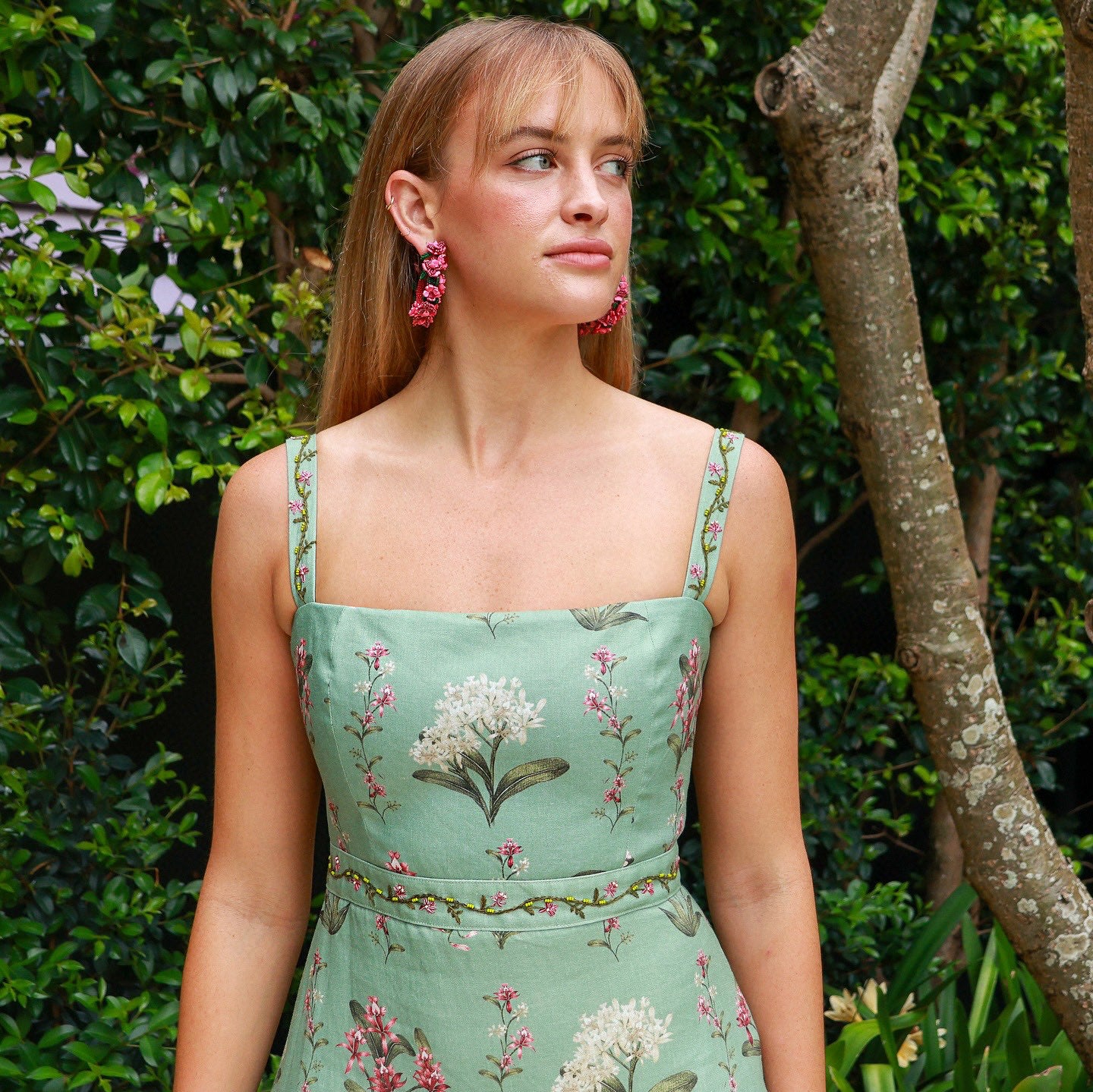 Agua Linen Maxi Dress light green floral print slash neck embroidery waist back-zip 2505002AGU