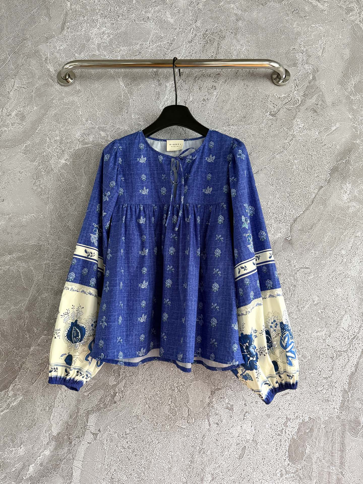 Denish Sissel Cotton shirt blue drawstring round-neck long sleeve drawstring loose pullover 2505087Sis