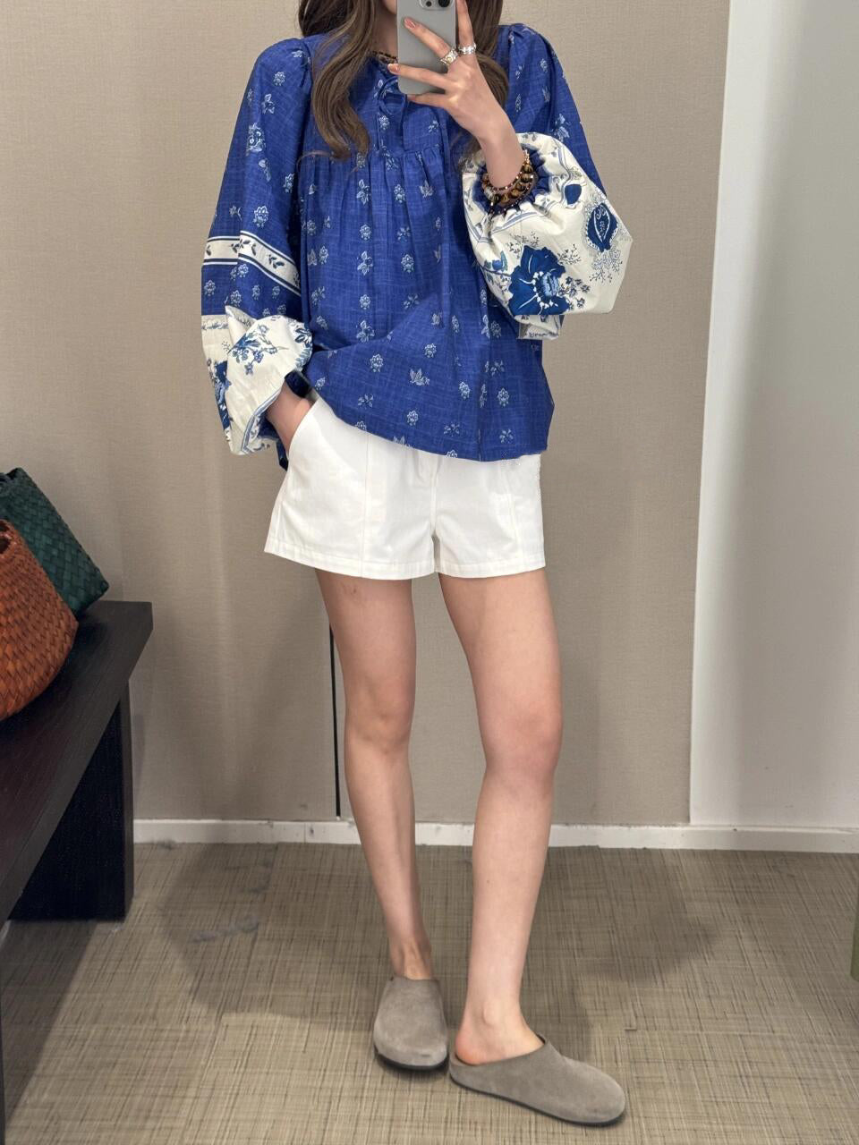 Denish Sissel Cotton shirt blue drawstring round-neck long sleeve drawstring loose pullover 2505087Sis