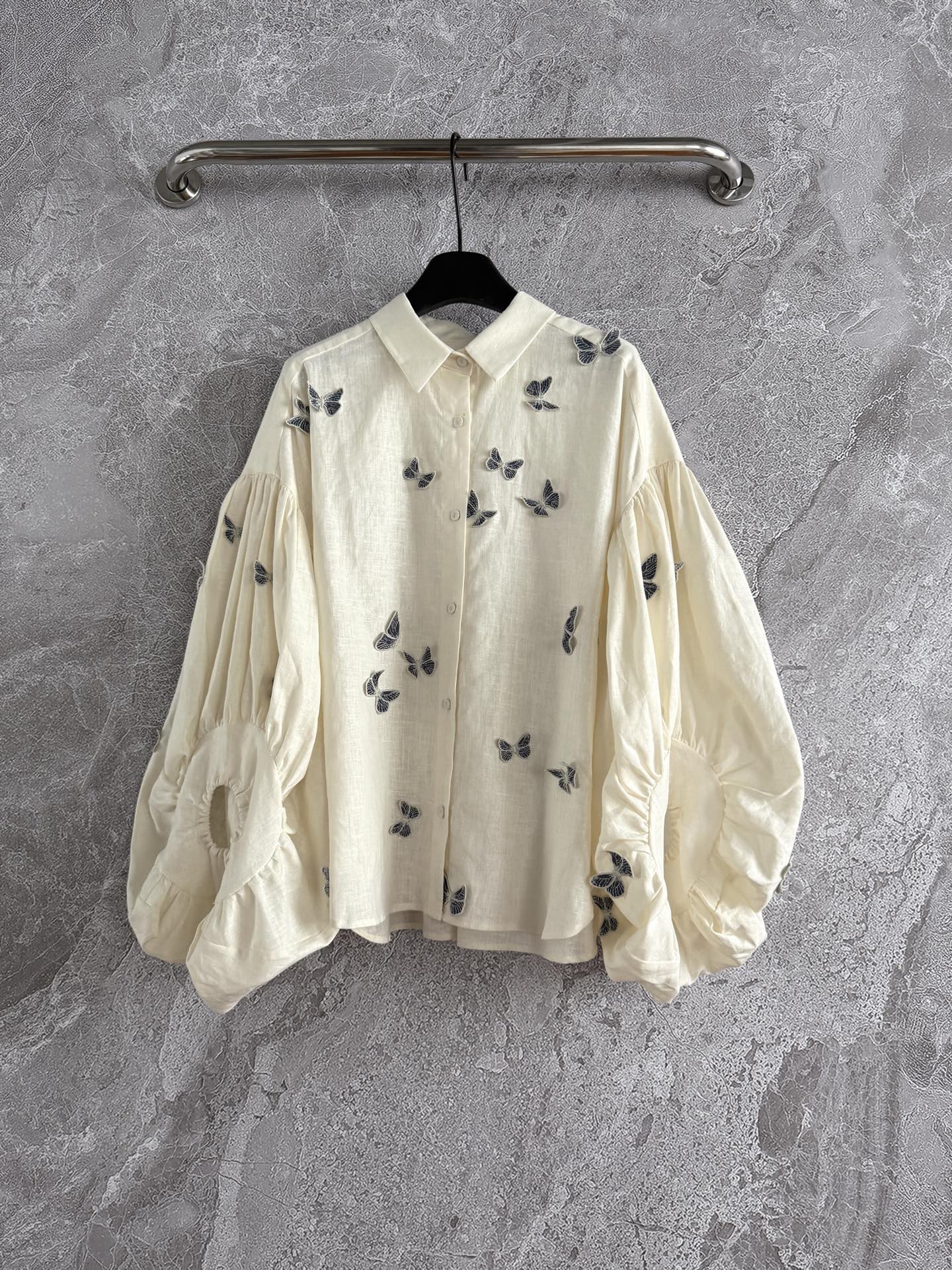 Agua Butterfly Applique Shirt Mini pants set blouse beige linen lantern sleeve front button 2505042Agu