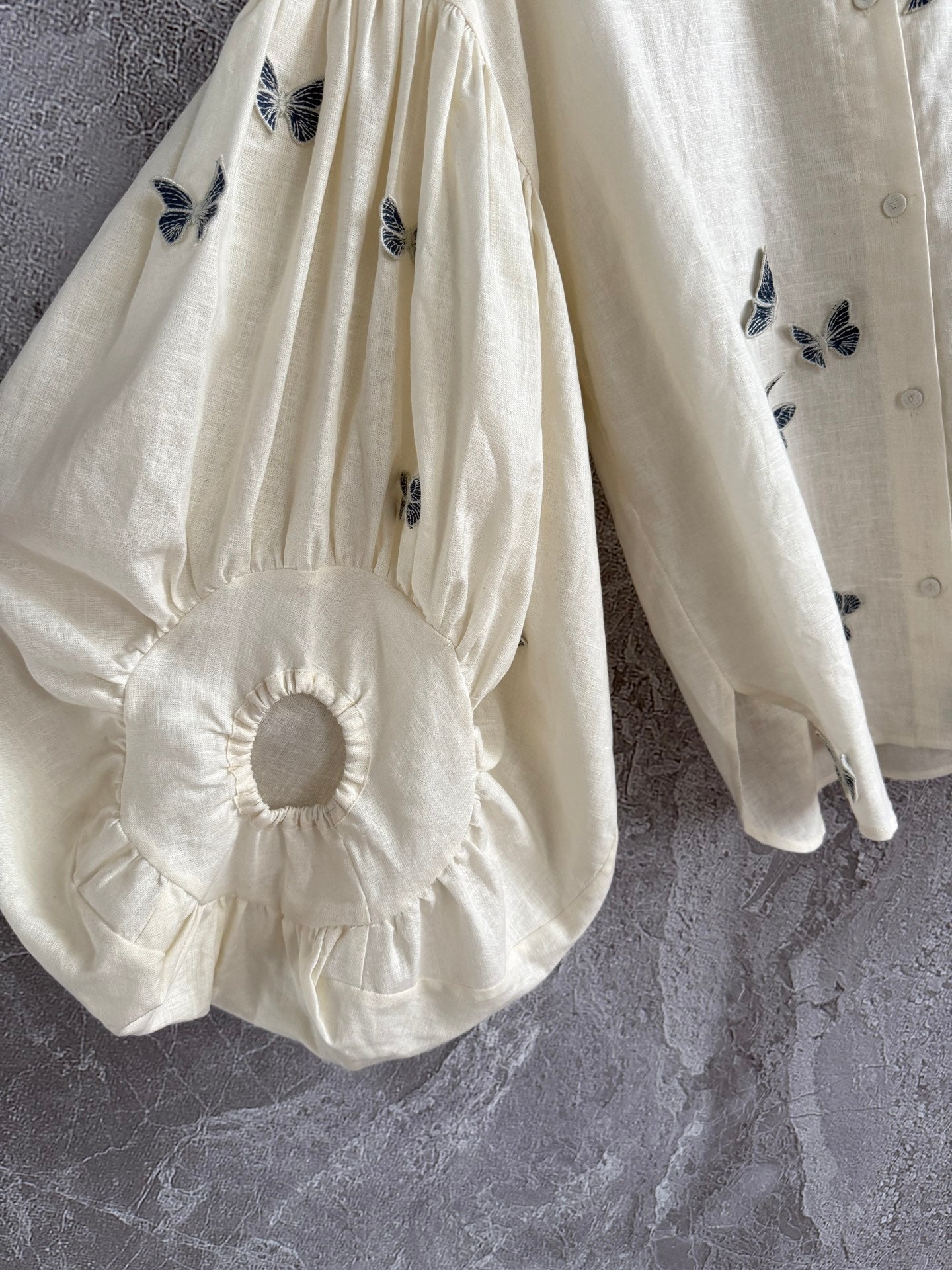 Agua Butterfly Applique Shirt Mini pants set blouse beige linen lantern sleeve front button 2505042Agu