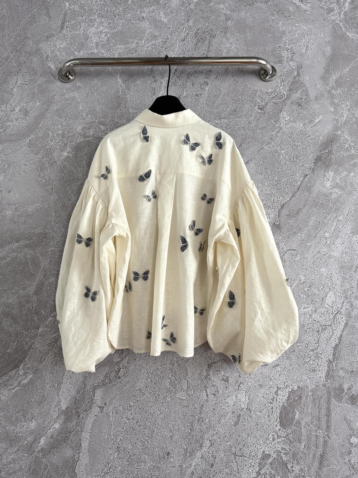 Agua Butterfly Applique Shirt Mini pants set blouse beige linen lantern sleeve front button 2505042Agu