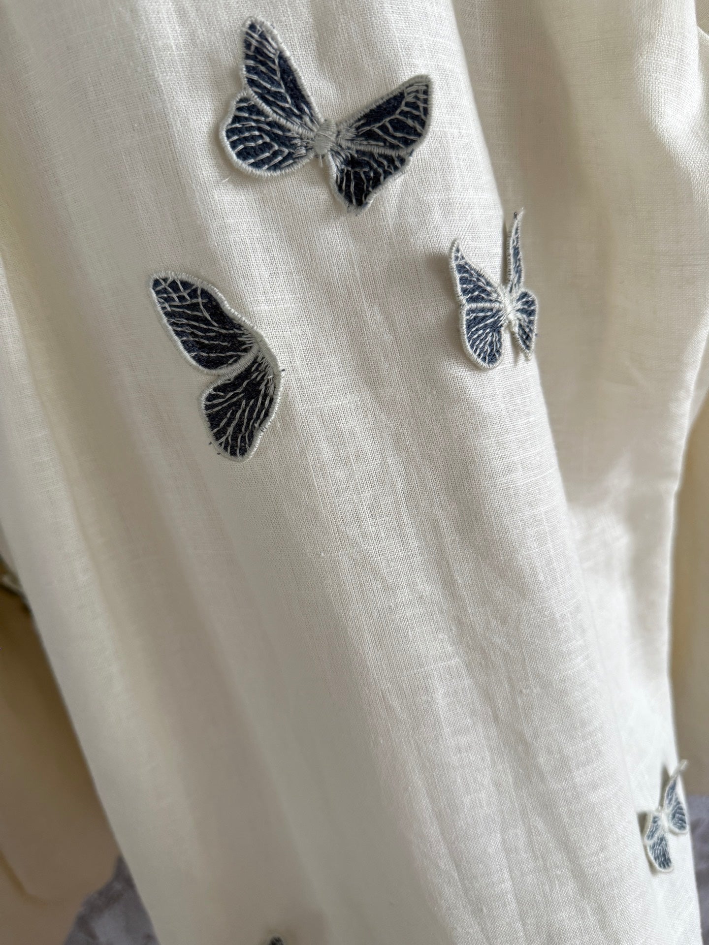 Agua Butterfly Applique Shirt Mini pants set blouse beige linen lantern sleeve front button 2505042Agu