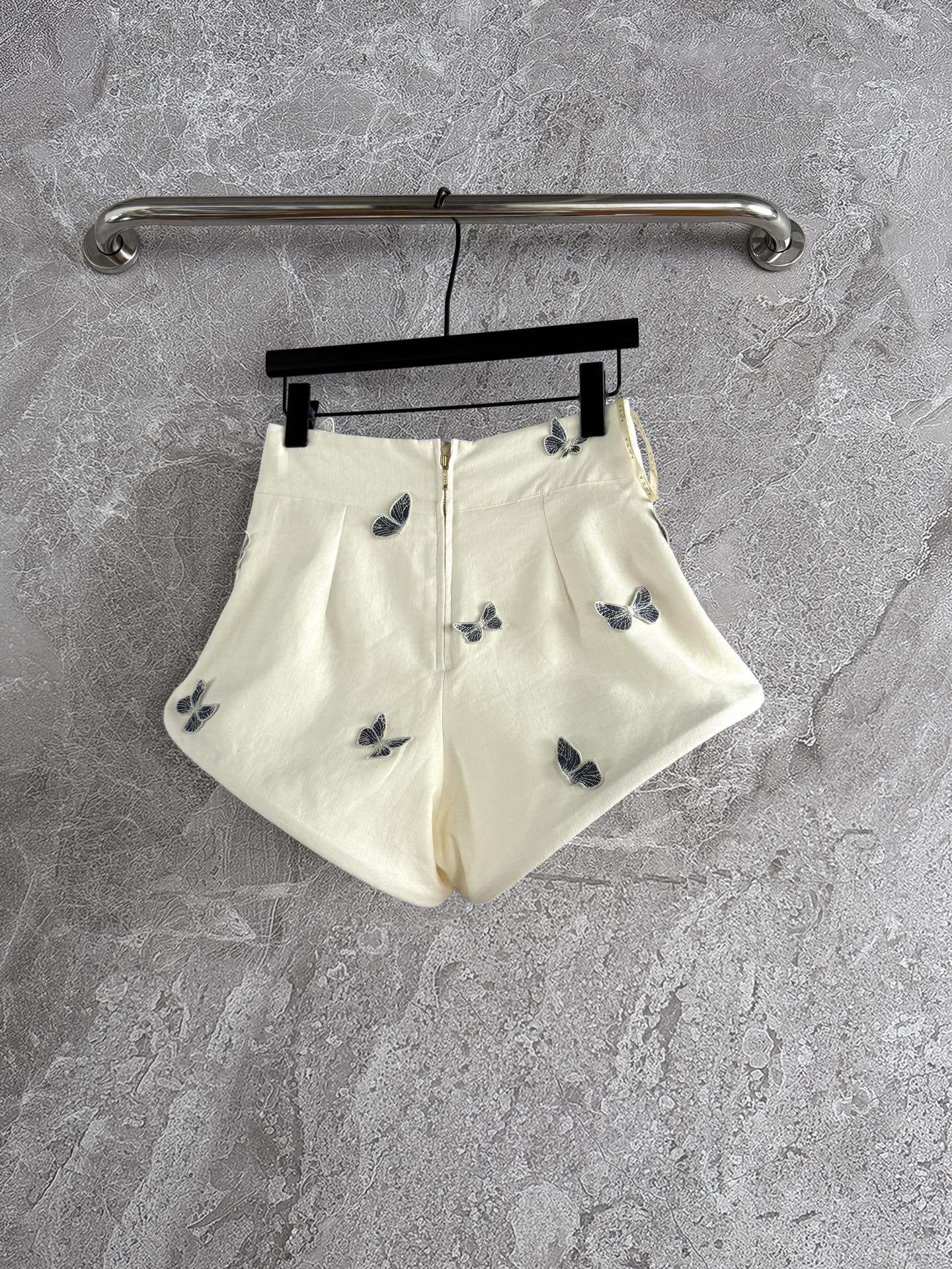 Agua Butterfly Applique Shirt Mini pants set blouse beige linen lantern sleeve front button 2505042Agu