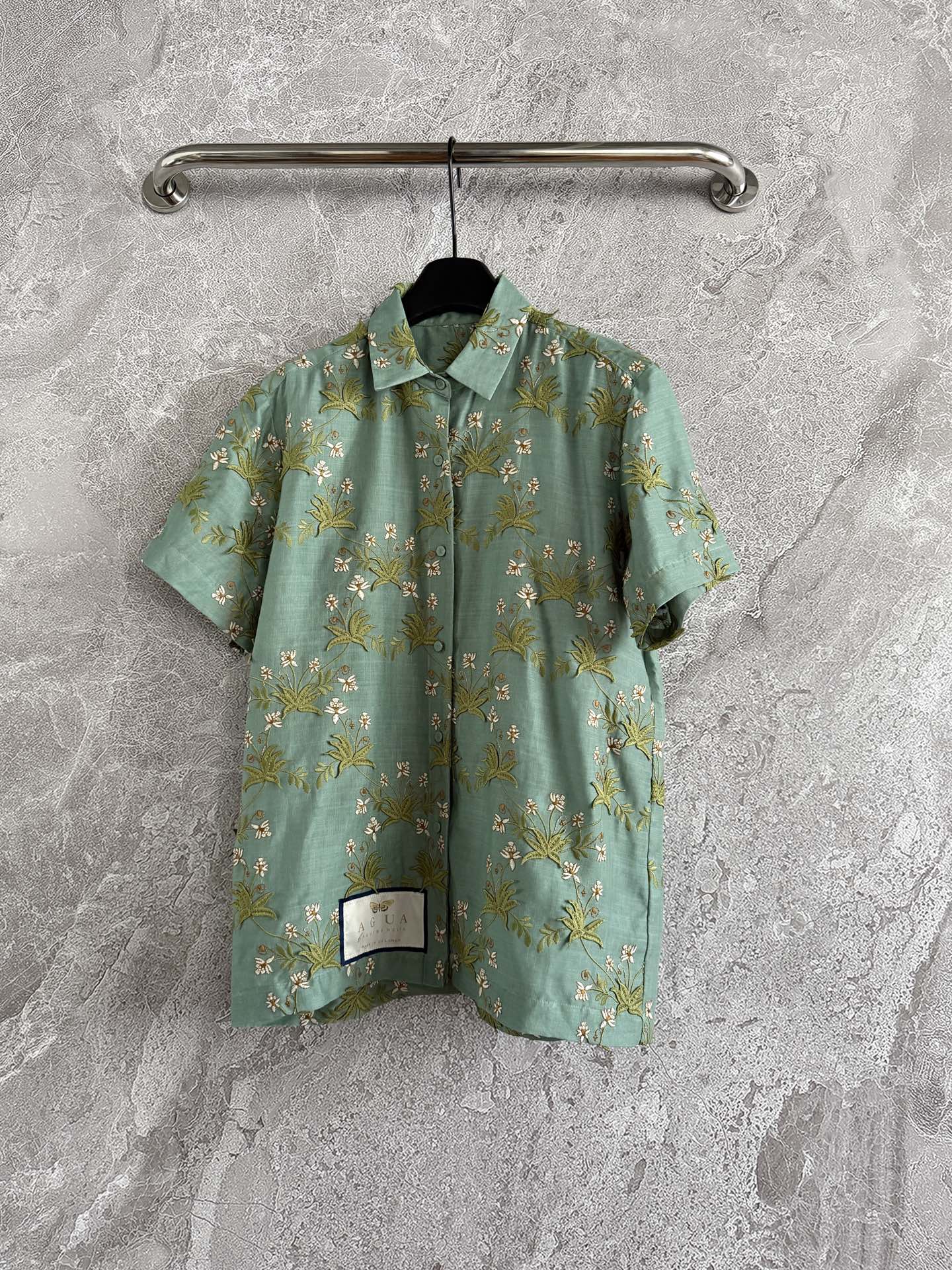 Agua Short Sleeve Shirt Tops Linen Light Green overall applique floral print loose front button 2505041Agu