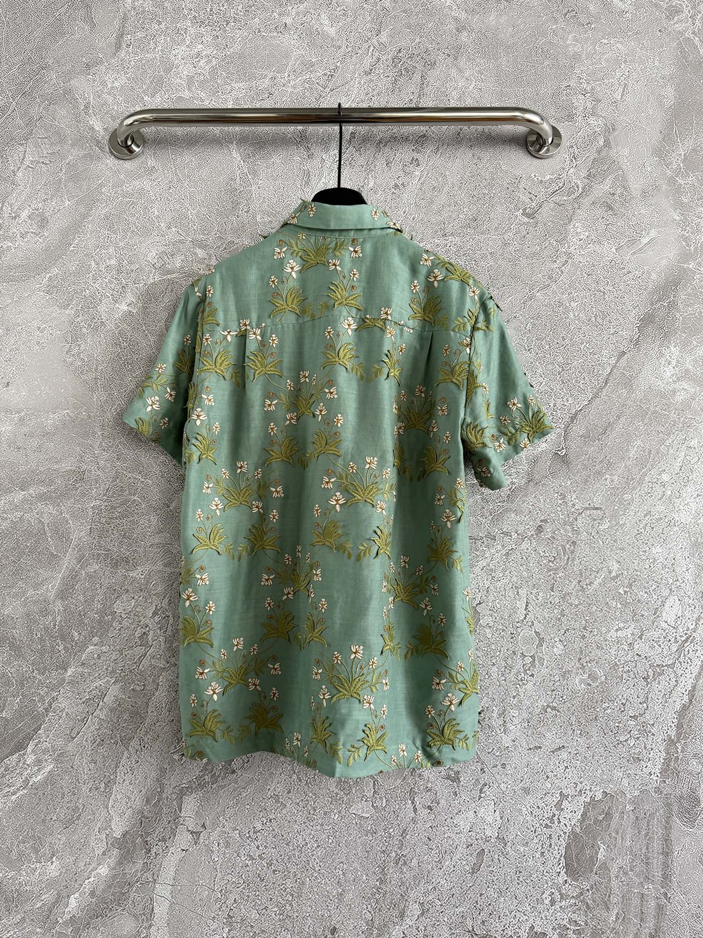 Agua Short Sleeve Shirt Tops Linen Light Green overall applique floral print loose front button 2505041Agu