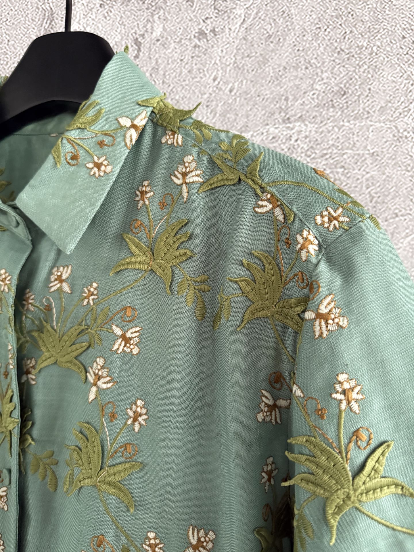 Agua Short Sleeve Shirt Tops Linen Light Green overall applique floral print loose front button 2505041Agu