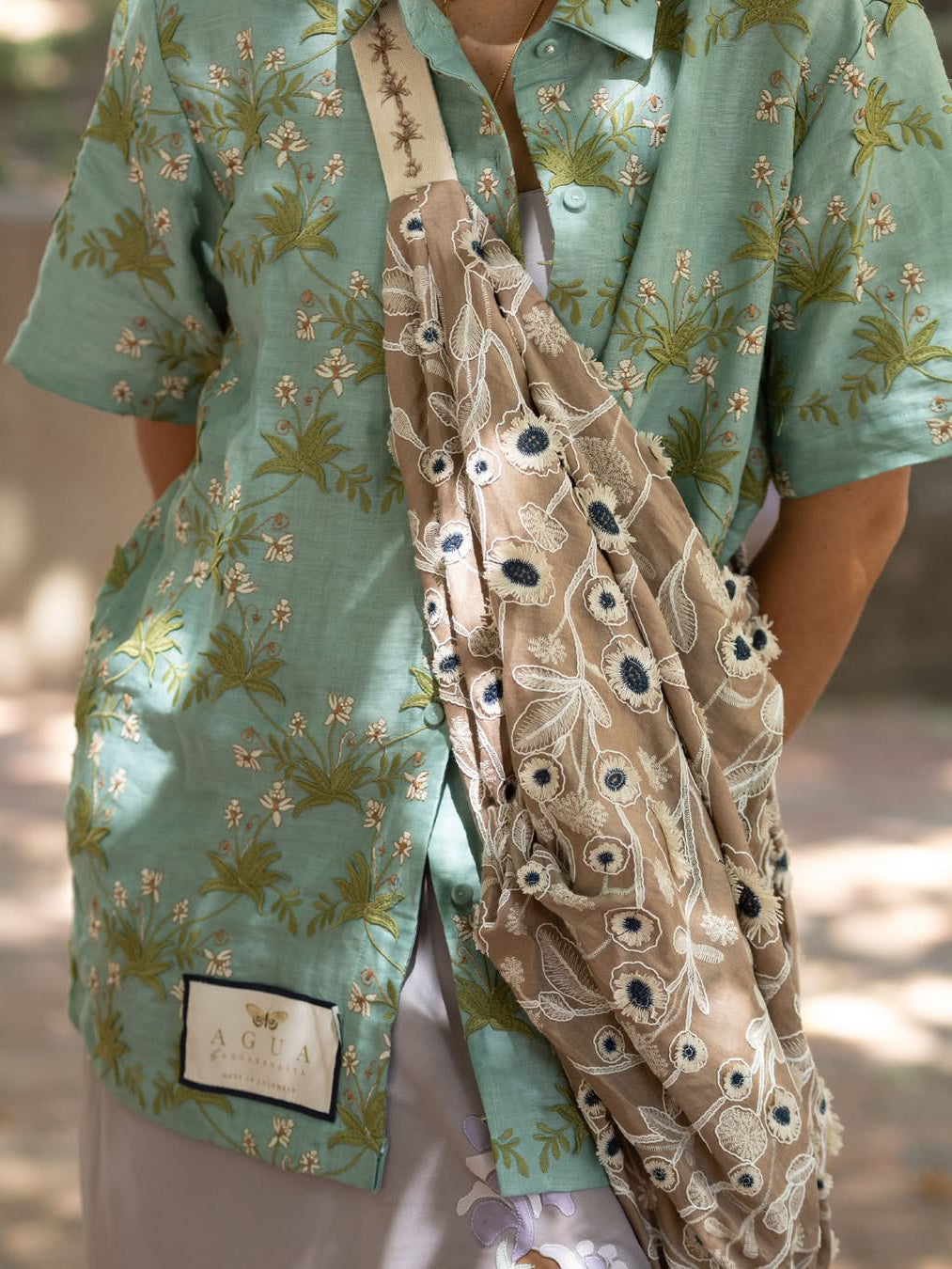 Agua Short Sleeve Shirt Tops Linen Light Green overall applique floral print loose front button 2505041Agu