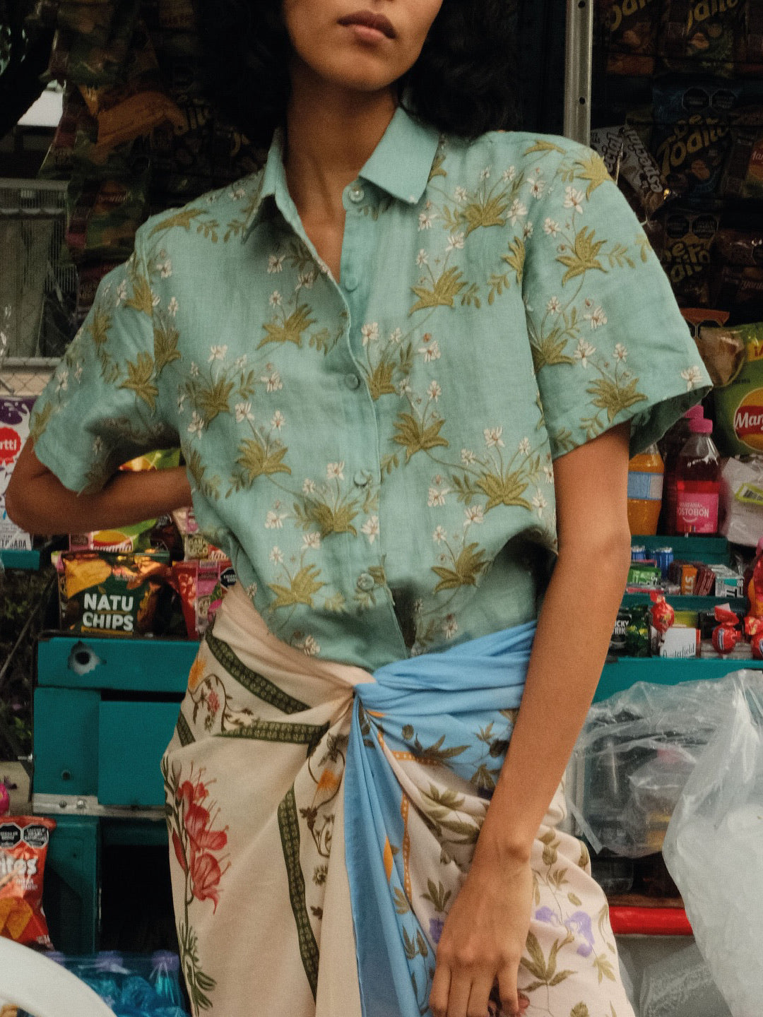 Agua Short Sleeve Shirt Tops Linen Light Green overall applique floral print loose front button 2505041Agu