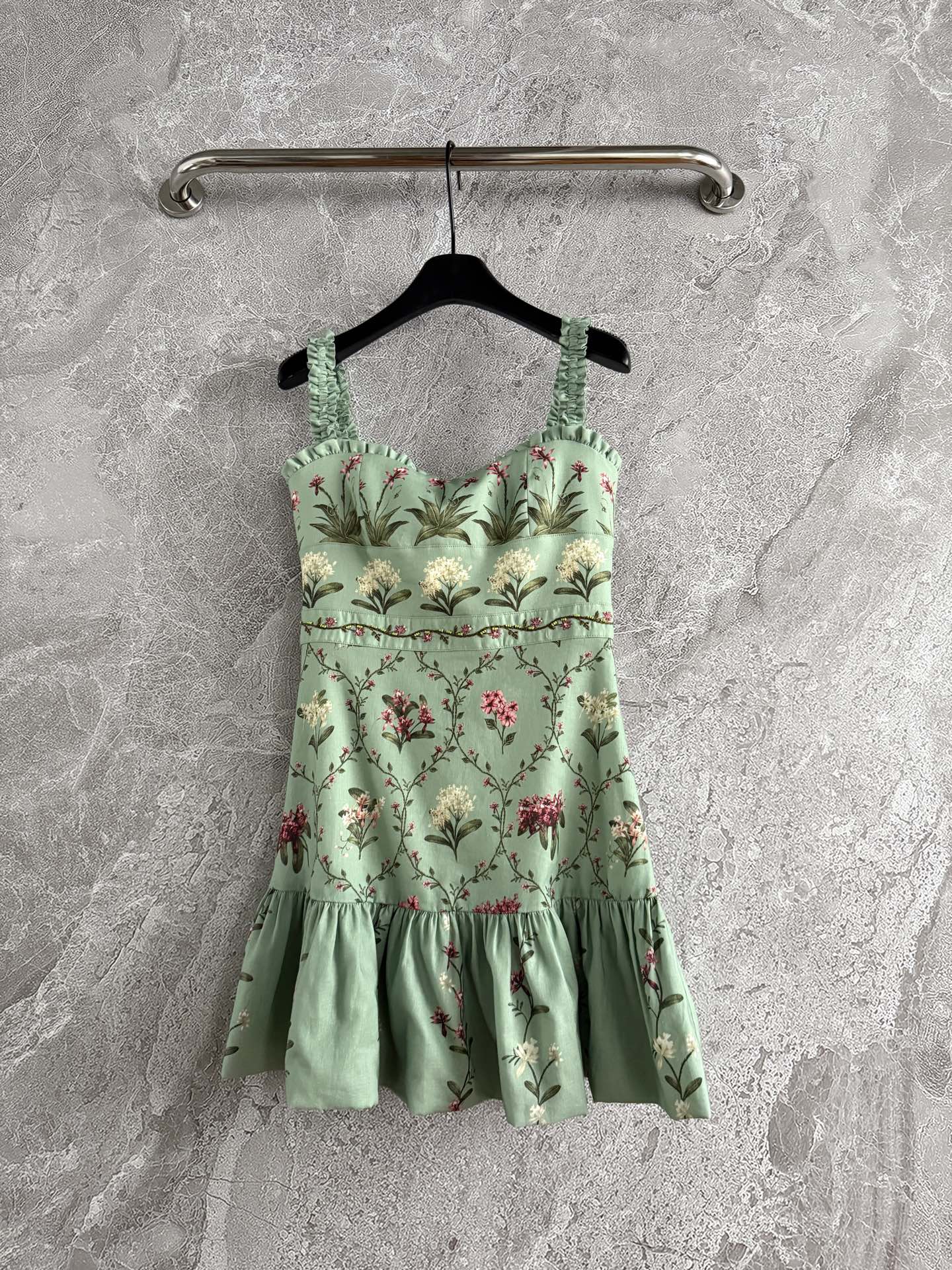 Agua Spaghetti Mini Dress Linen Green Overall Floral Print High Embroidery Waist Ruffles 2505048Agua