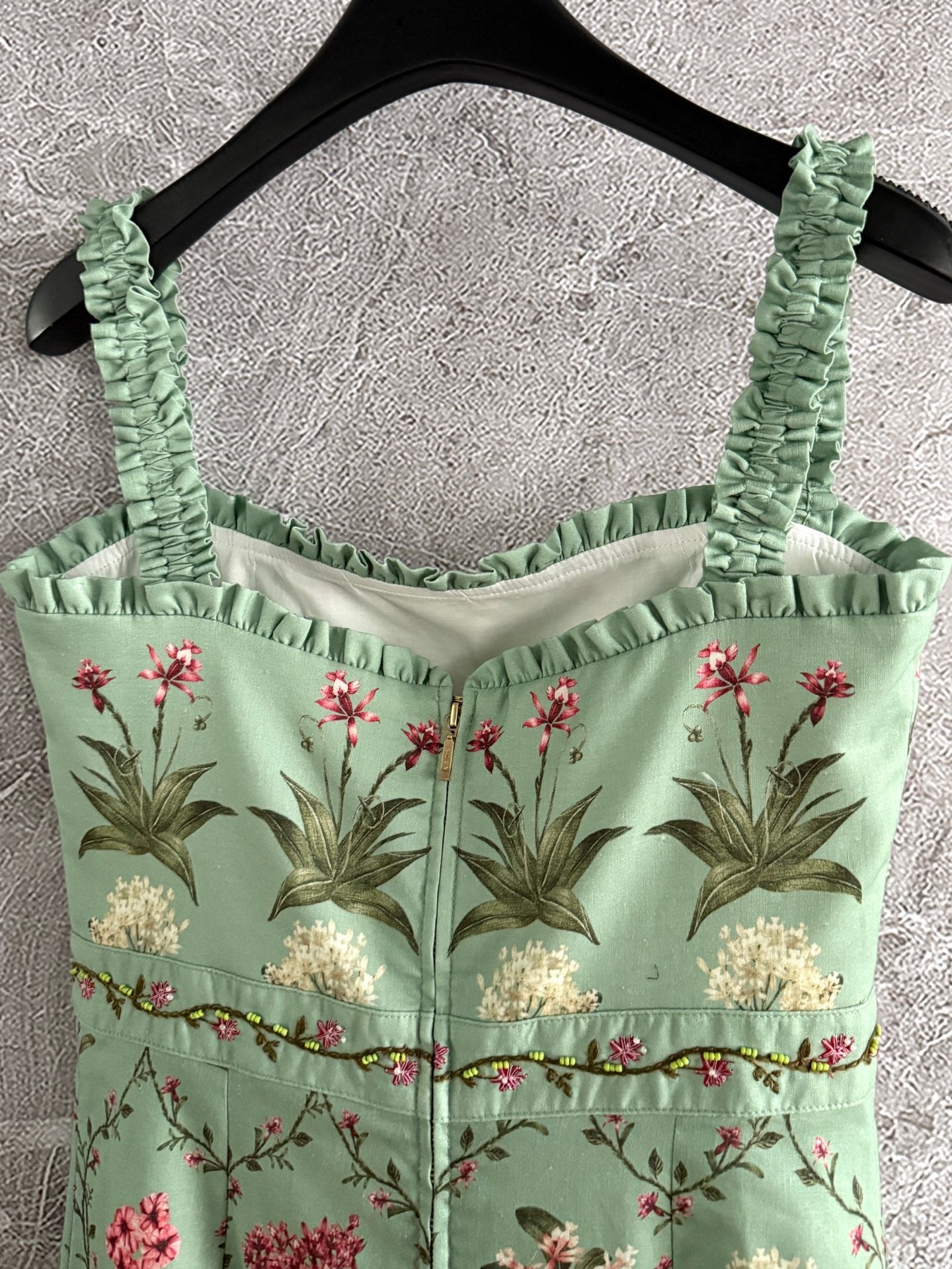Agua Spaghetti Mini Dress Linen Green Overall Floral Print High Embroidery Waist Ruffles 2505048Agua