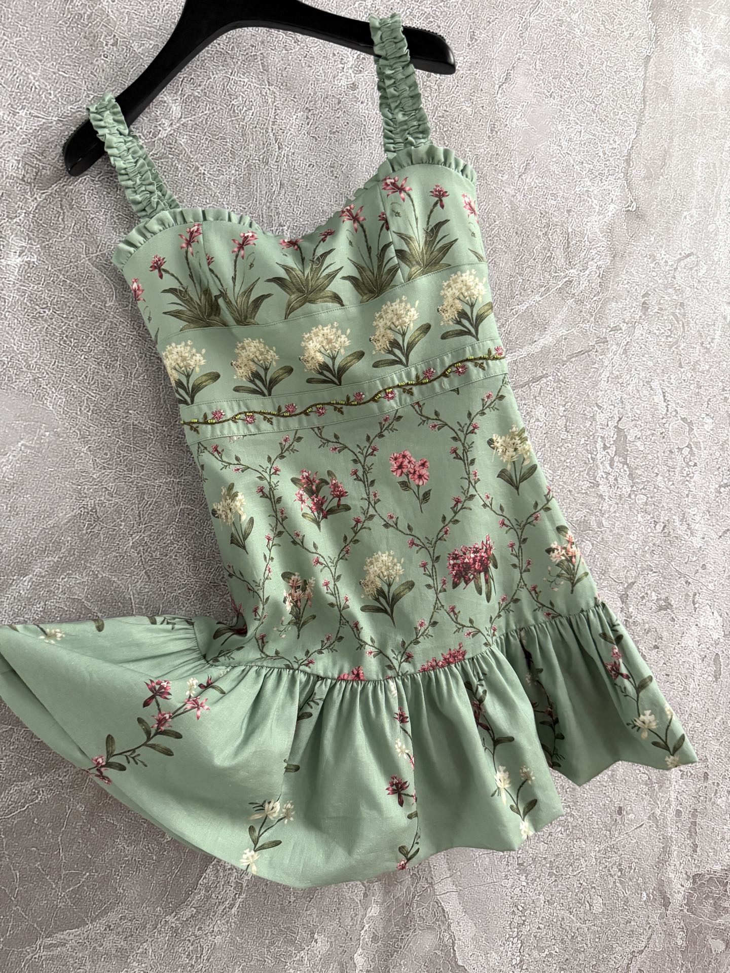 Agua Spaghetti Mini Dress Linen Green Overall Floral Print High Embroidery Waist Ruffles 2505048Agua