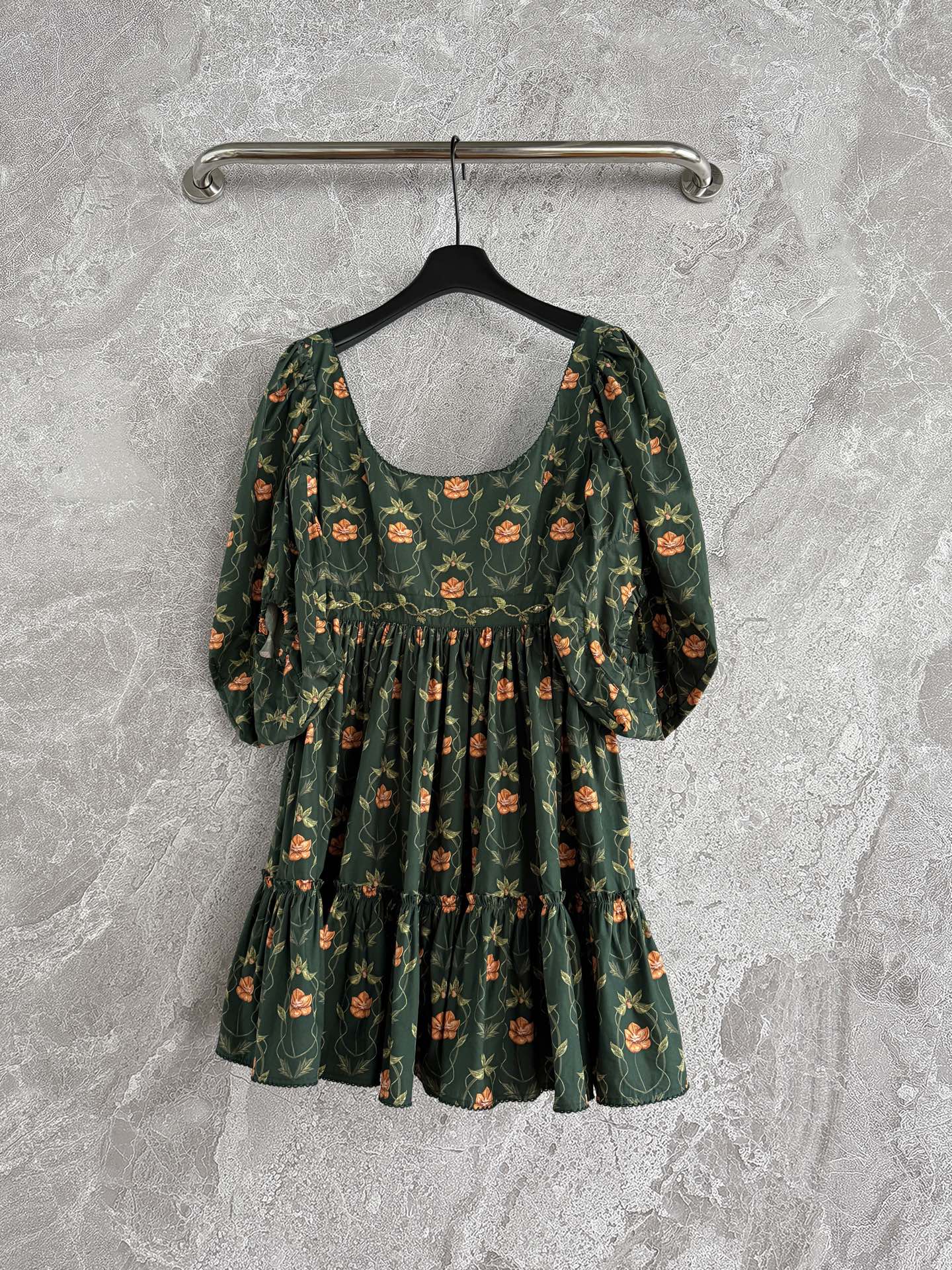 AGUA Cotton Mini Dress Dark Green Short Sleeve Floral Print U-Neck Embroidery-Wasit 2505082Agua