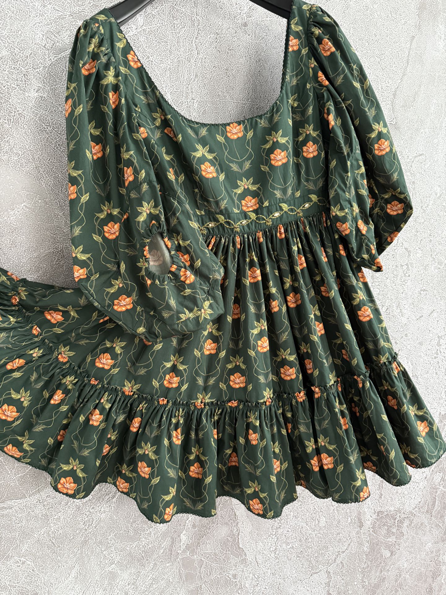 AGUA Cotton Mini Dress Dark Green Short Sleeve Floral Print U-Neck Embroidery-Wasit 2505082Agua