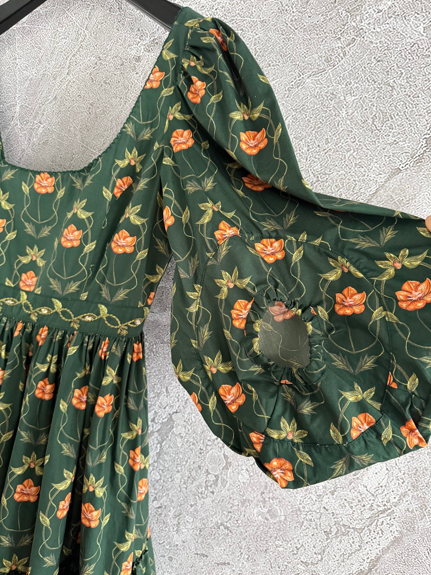 AGUA Cotton Mini Dress Dark Green Short Sleeve Floral Print U-Neck Embroidery-Wasit 2505082Agua